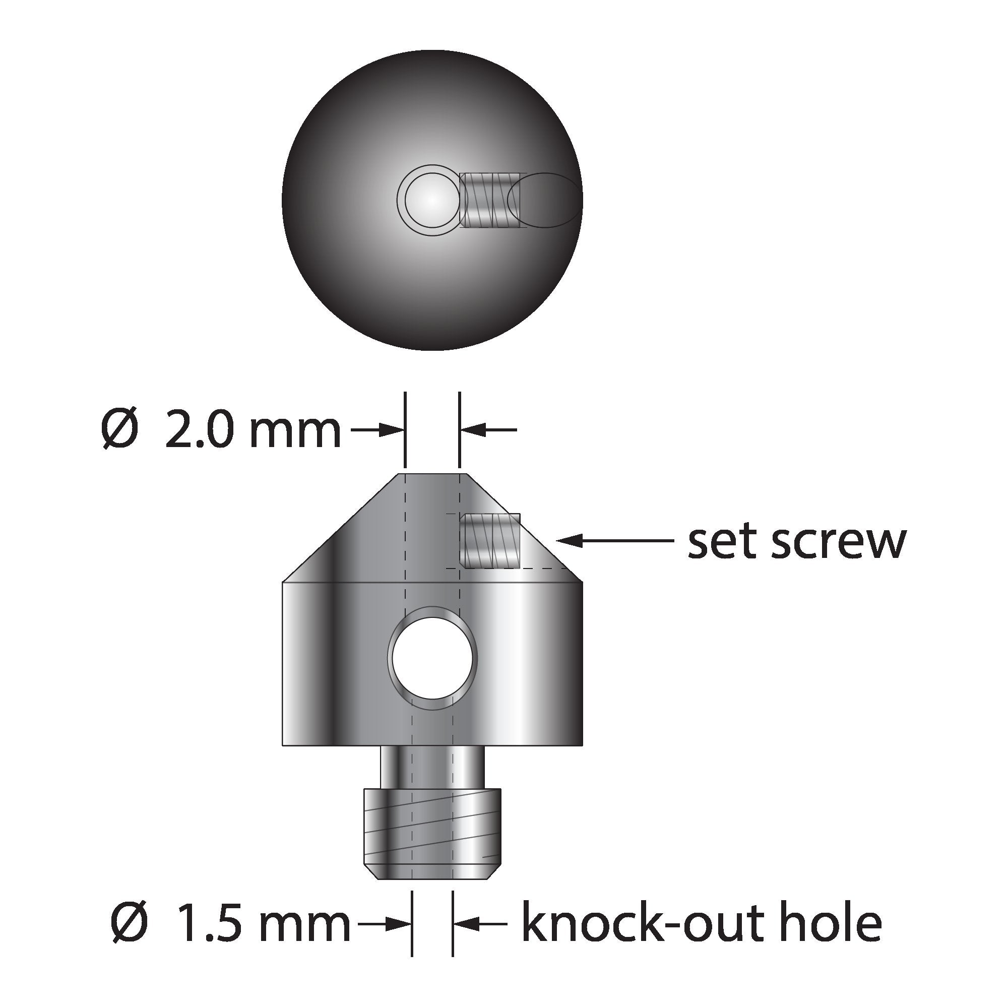 QC-200 M5 thread stylus holder, stainless steel, with hex wrench.