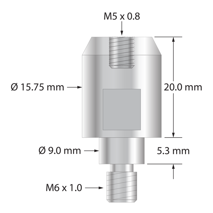 Faro compatible thread adapter, M6 x 1.0 male to M5 x 0.8 female.  Stainless steel.