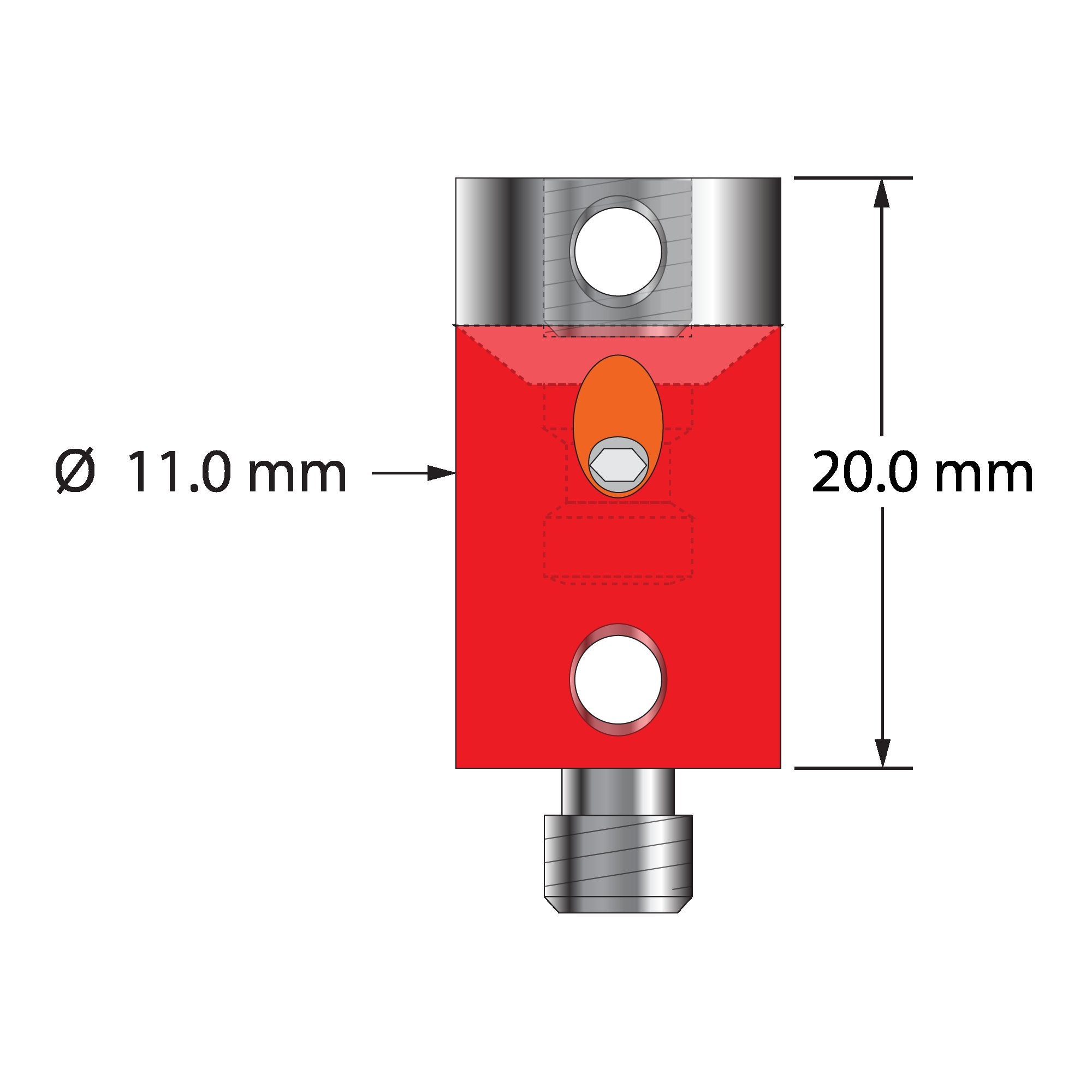 RAP-11PF-20 M5 rotary adapter, 11.0mm diameter x 20.0mm long, anodized aluminum with titanium end fitting.