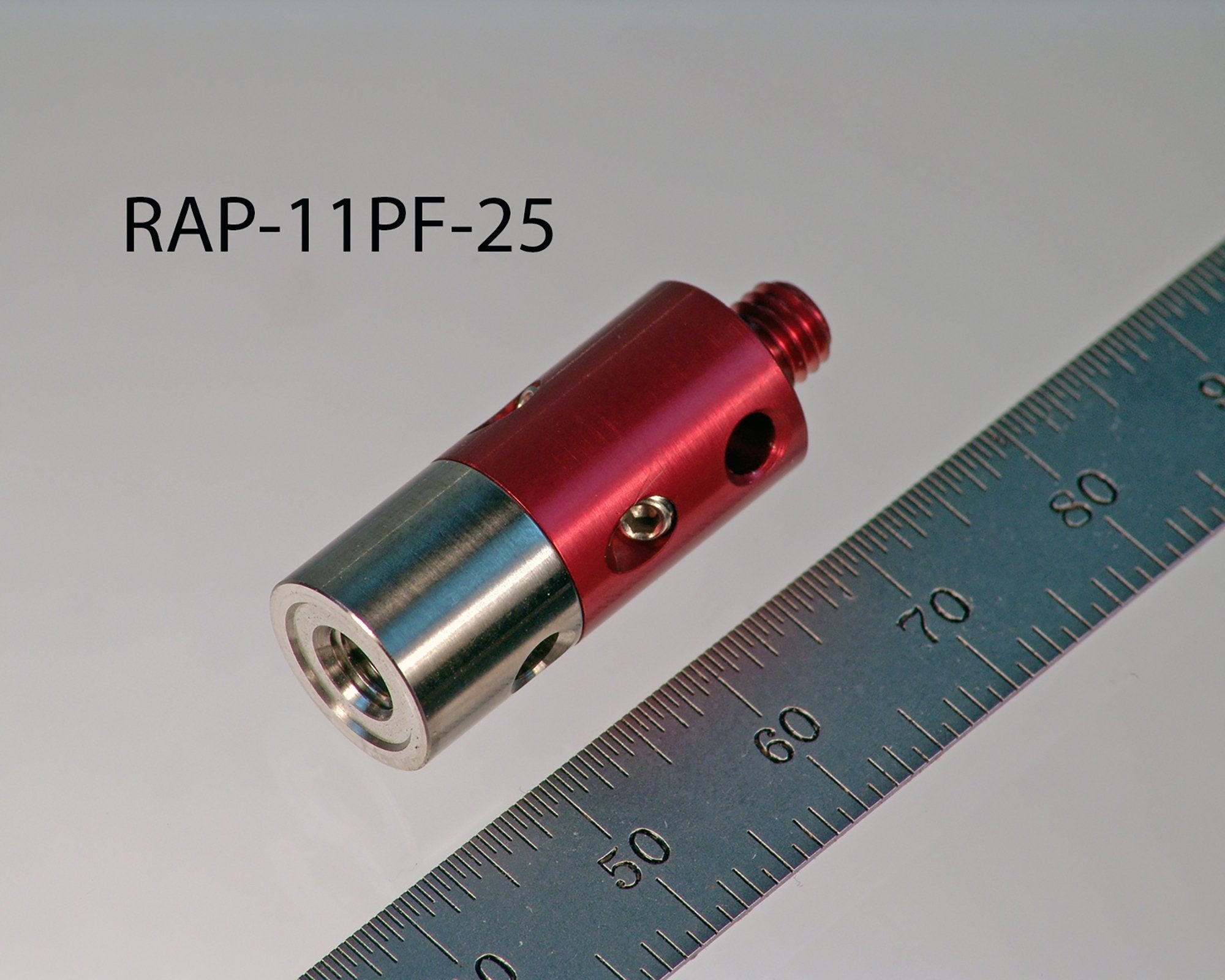 RAP-11PF-25 M5 rotary adapter, 11mm diameter x 25mm long, anodized aluminum with titanium end.