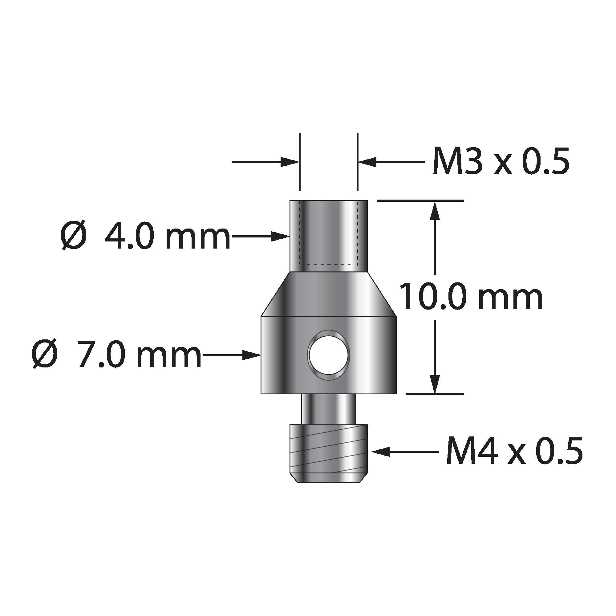 RDEA-M3 thread adapter, M4 x 0.5 to M3 x 0.5, stainless steel.