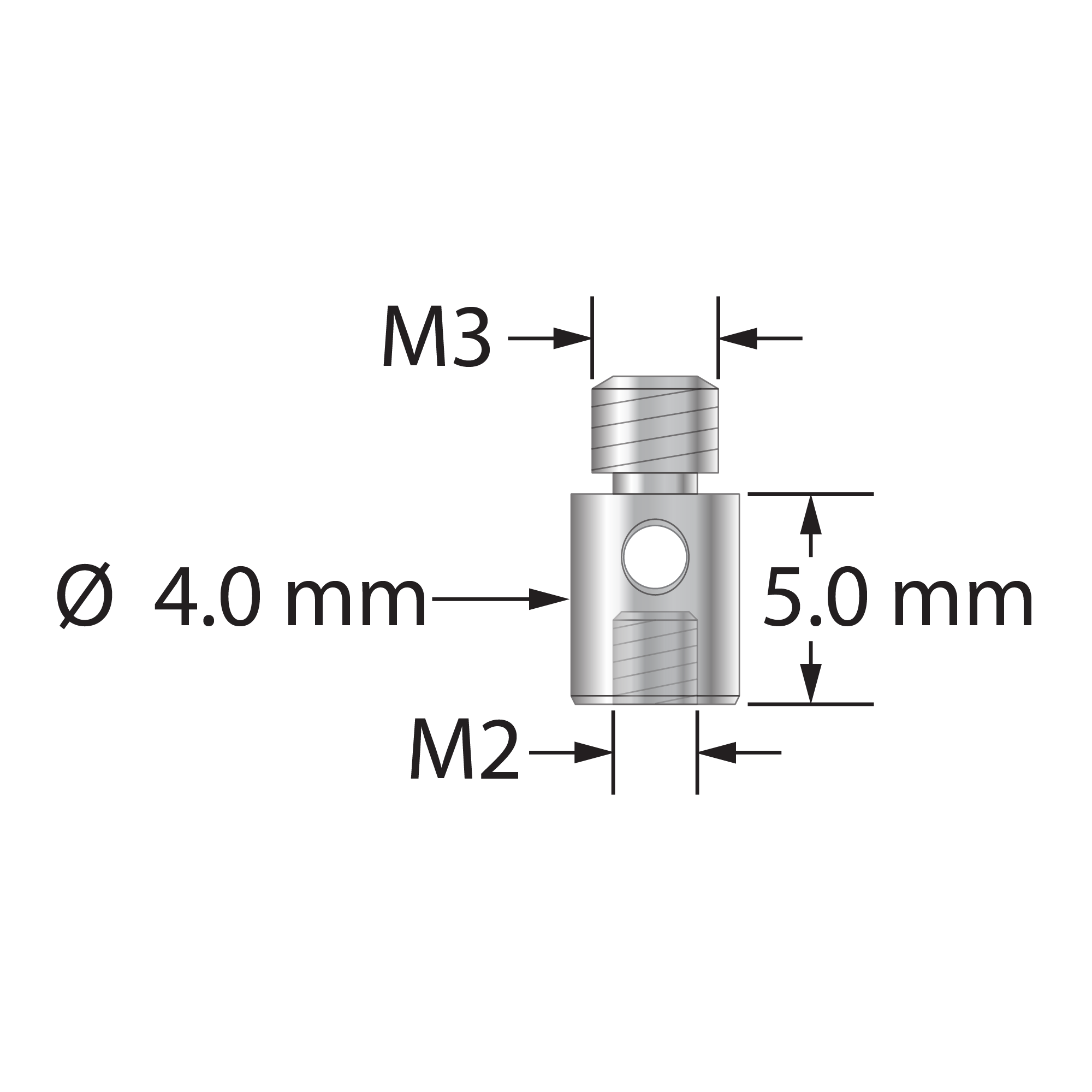 RM3-M2 thread adapter, M3 male to M2 female, stainless steel.