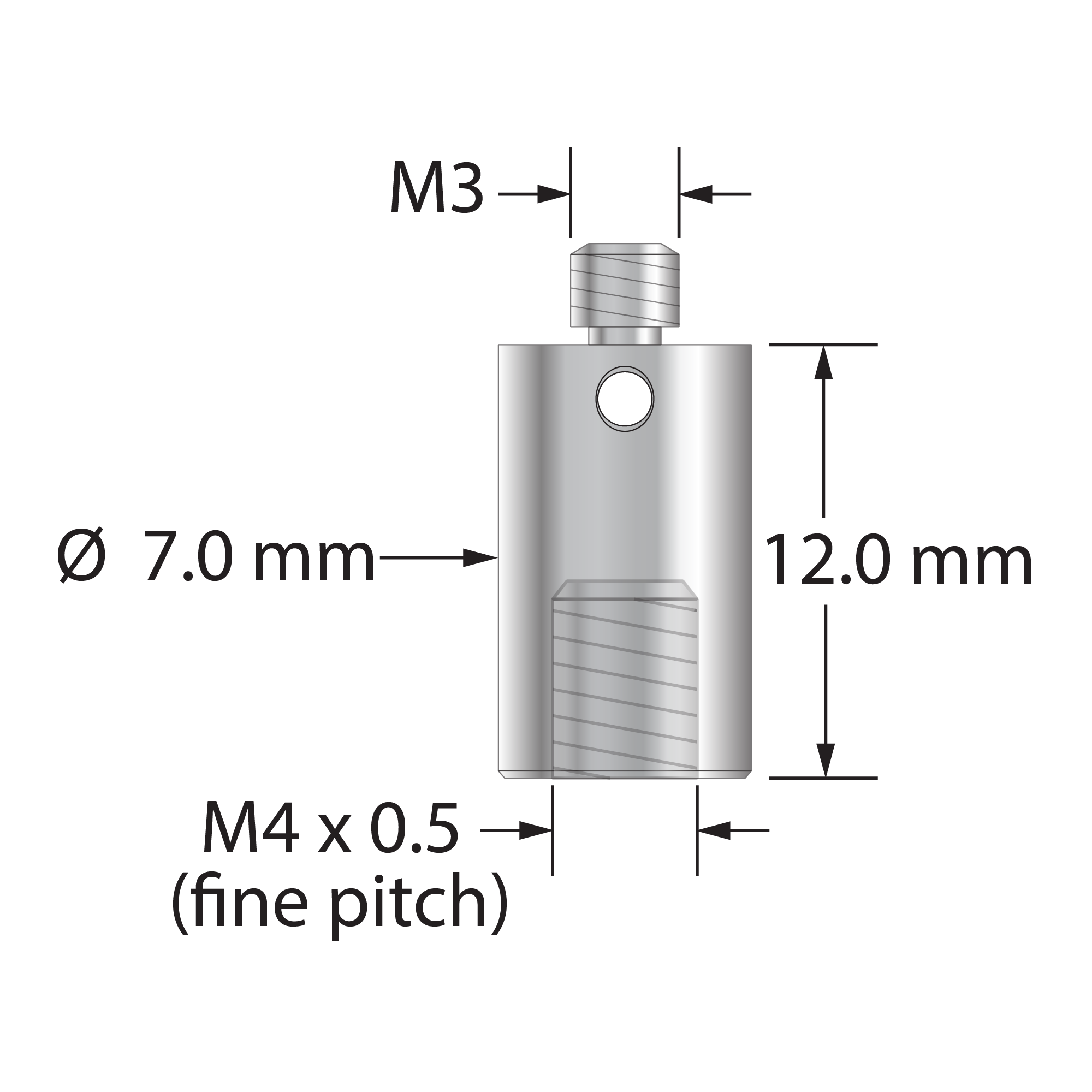 RM3-M4-DEA thread adapter, M3 x 0.5 male to M4 x 0.5 female, 7.0 mm diameter stainless steel.