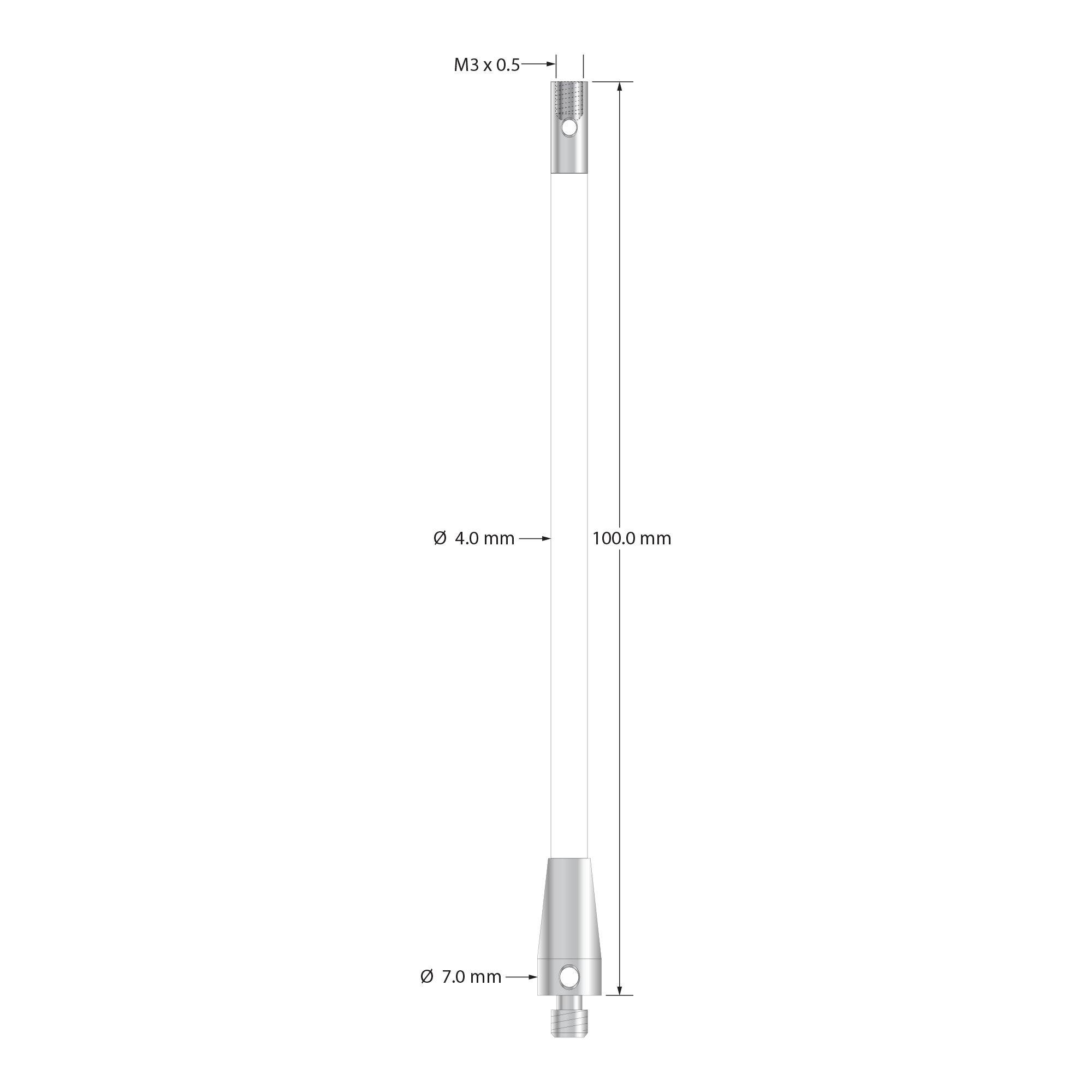 RM4-100-M3-C M4 male to M3 female ceramic thread adapter, 100mm long, by Q-Mark Manufacturing, Inc.