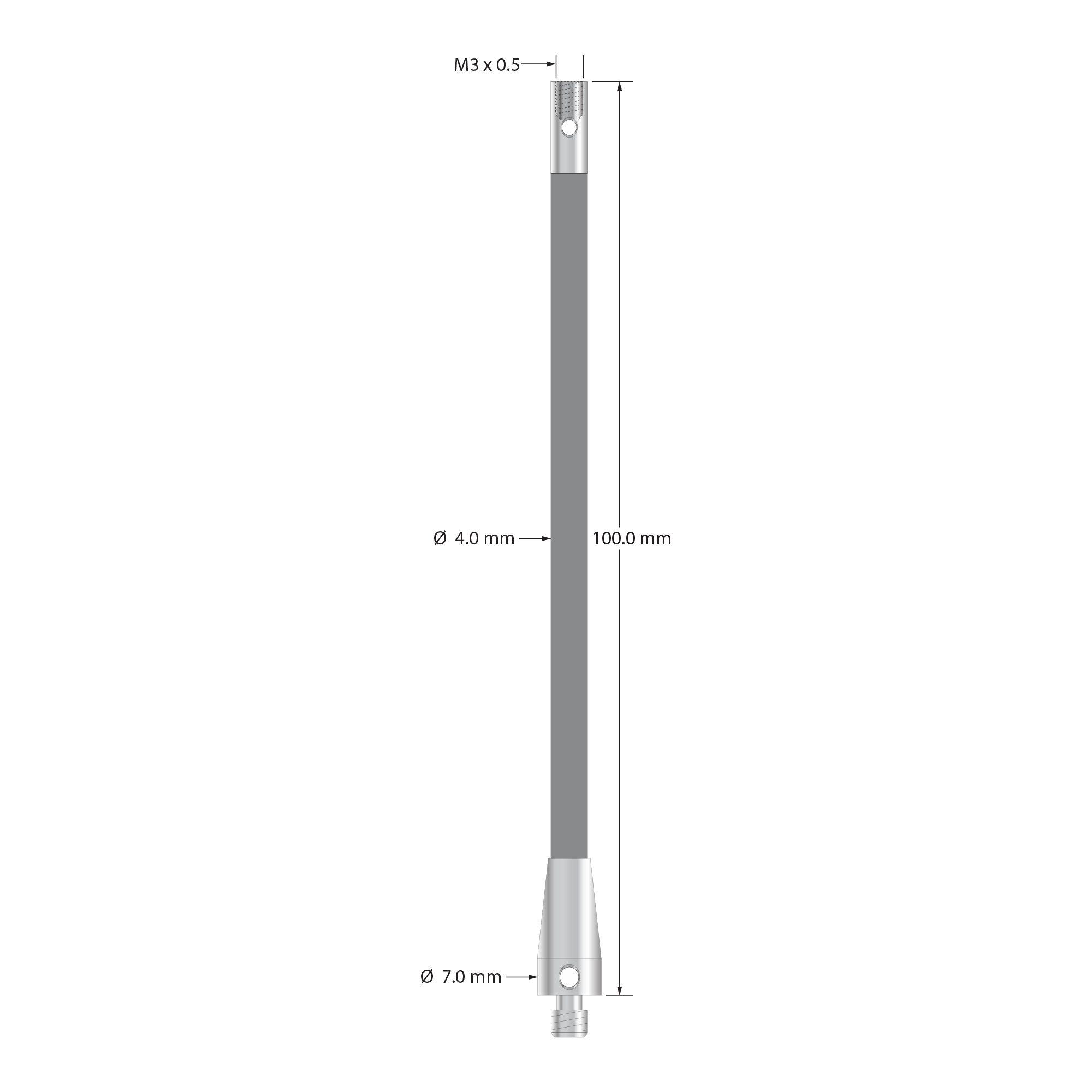 RM4-100-M3-G M4 male to M3 female thread adapter, carbon fiber with stainless steel fittings, 100mm long.