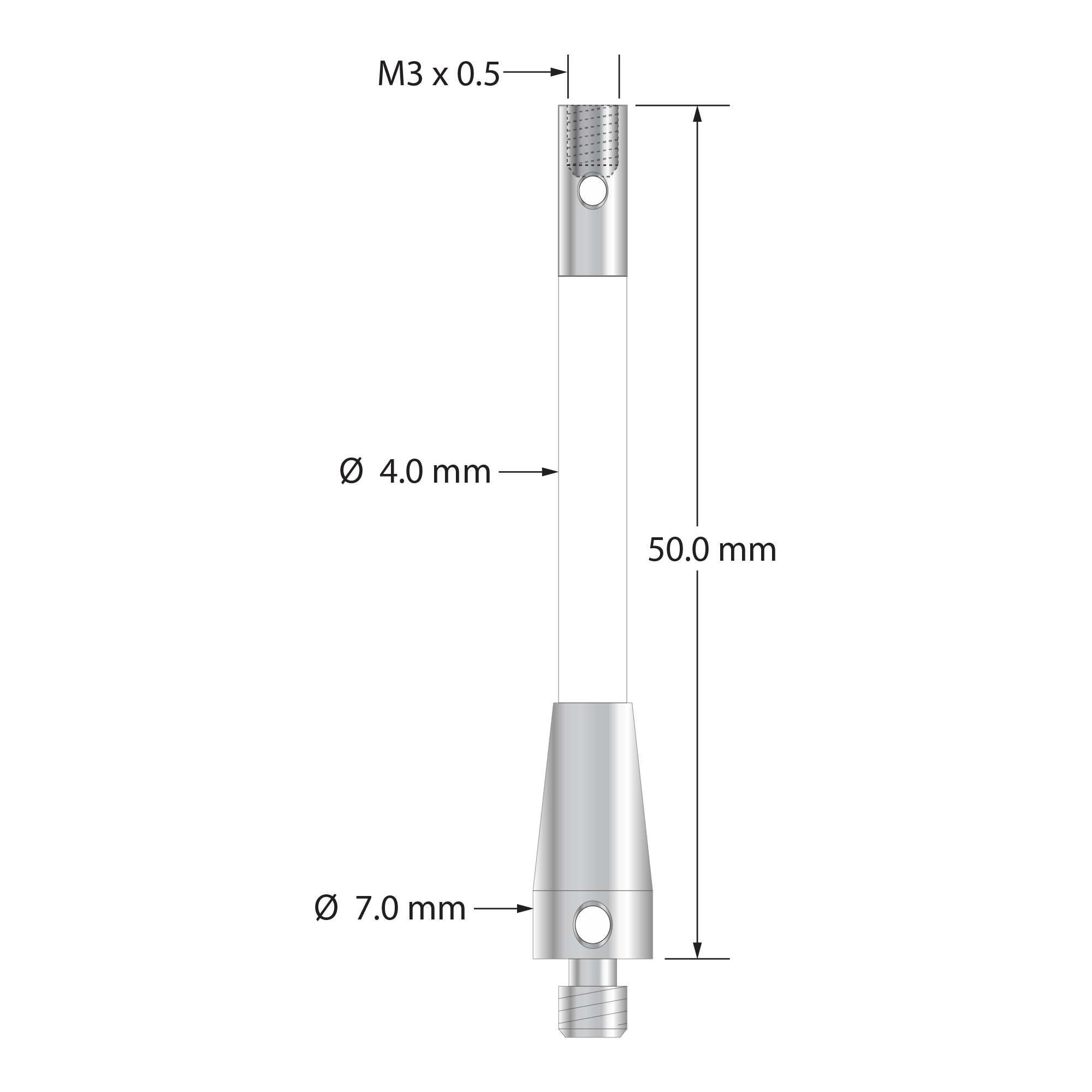 RM4-50-M3-C thread adapter, M4 male to M3 female, ceramic with stainless steel fittings, 50mm long.