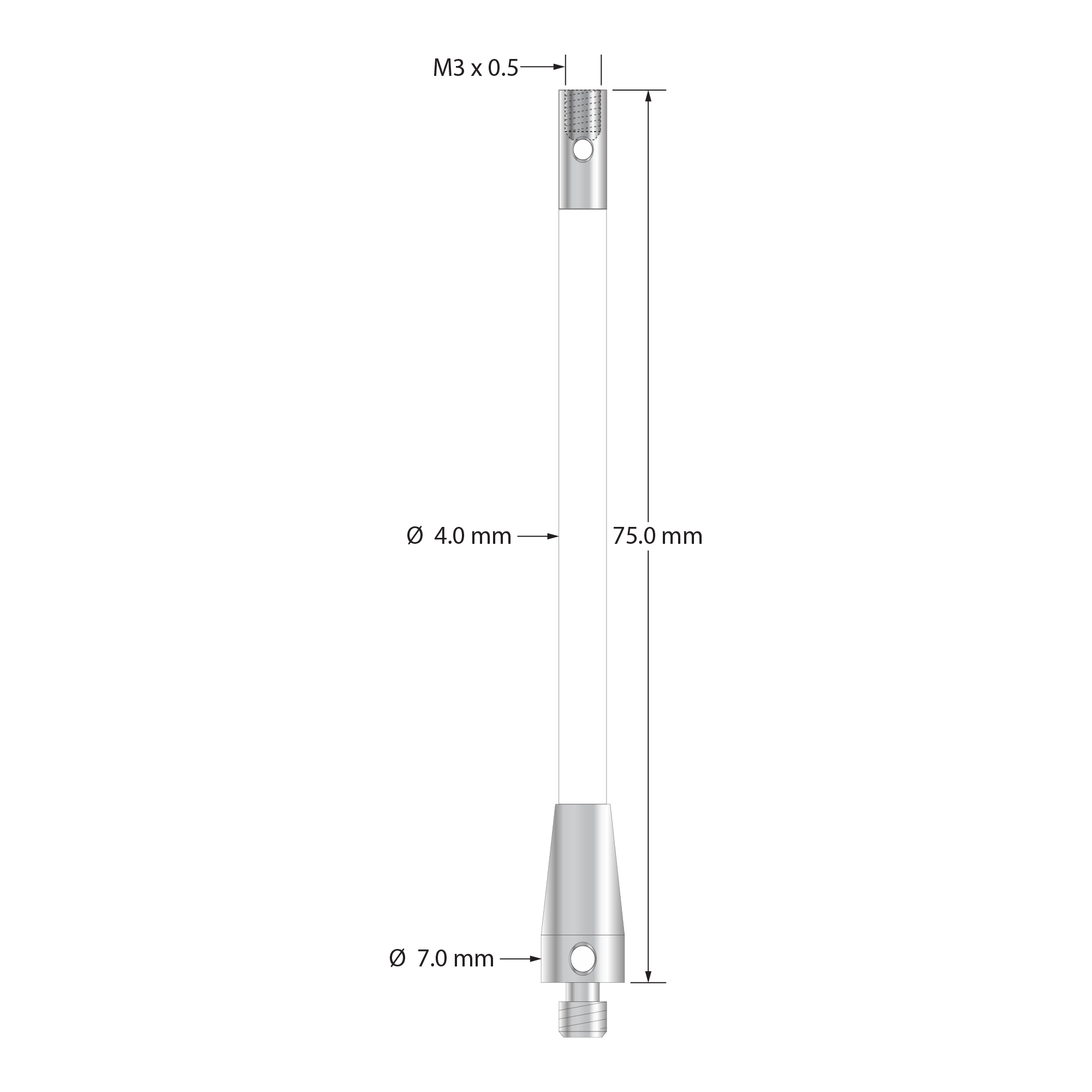 RM4-75-M3-C thread adapter, M4 male to M3 female, ceramic with stainless steel, 75mm long by Q-Mark Manufacturing, Inc.