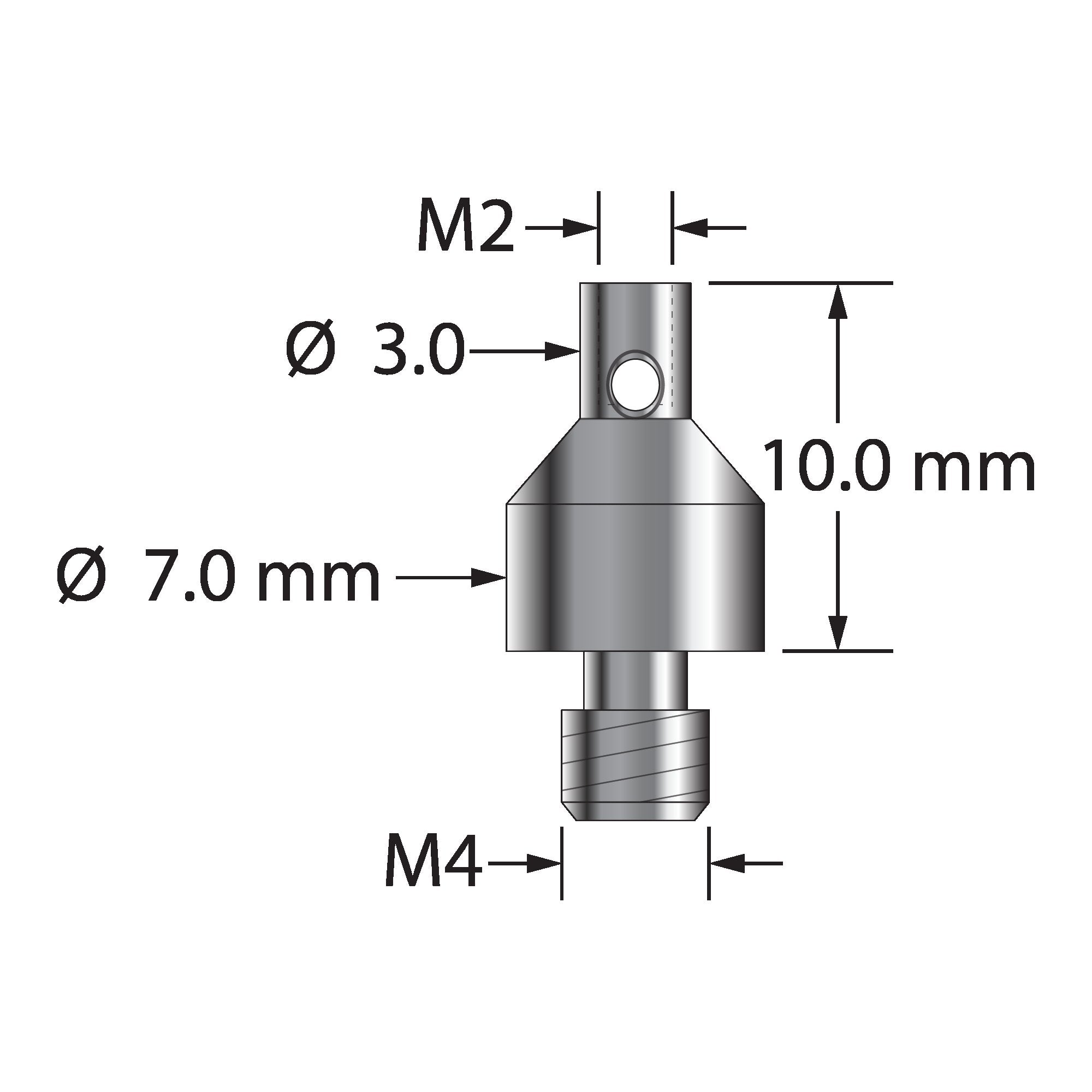 RM4-M2 M4 male to M2 female thread adapter, stainless steel, by Q-Mark Manufacturing, Inc.