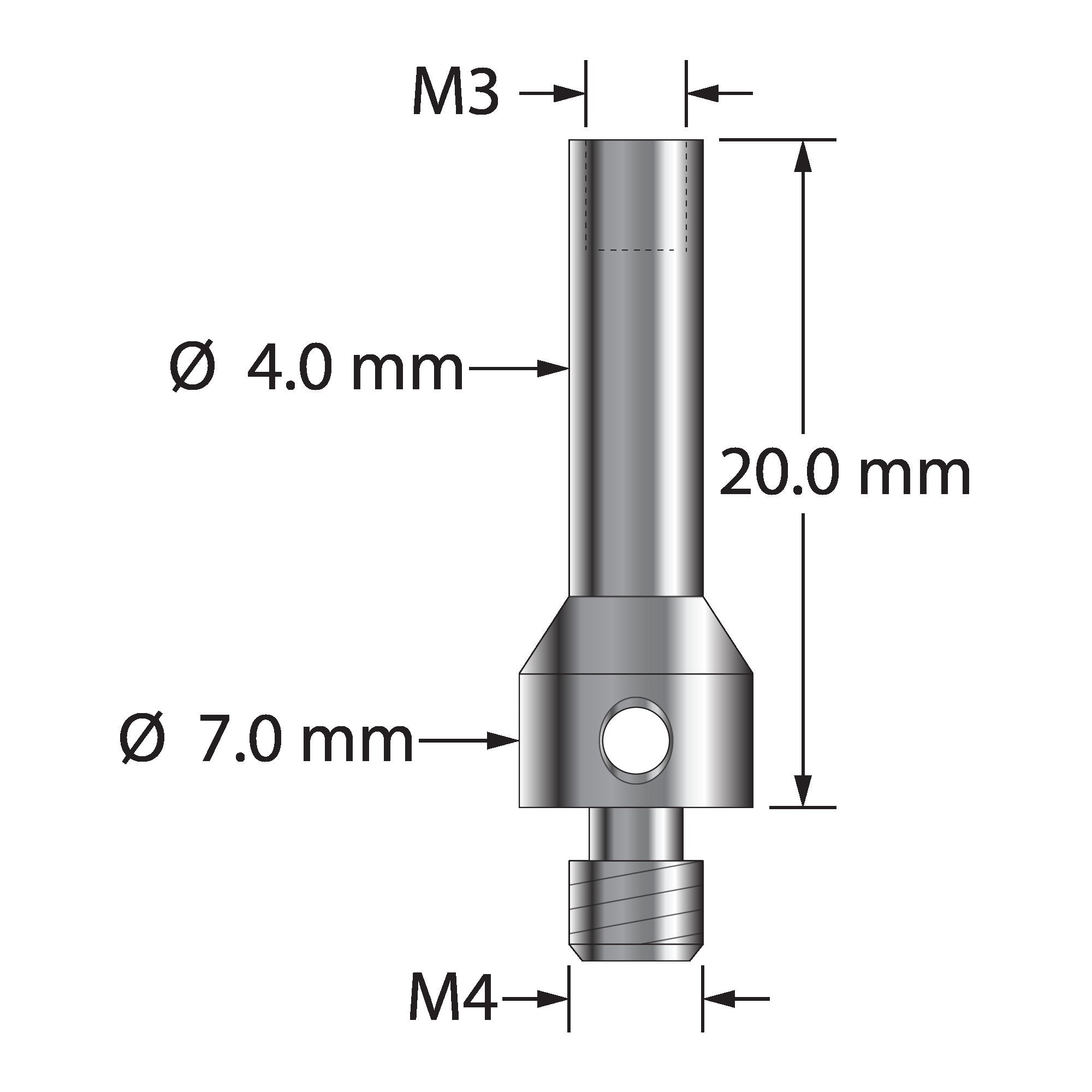 RM4-M3-L thread adapter, M4 male to M3 female, stainless steel, extra length by Q-Mark Manufacturing, Inc.