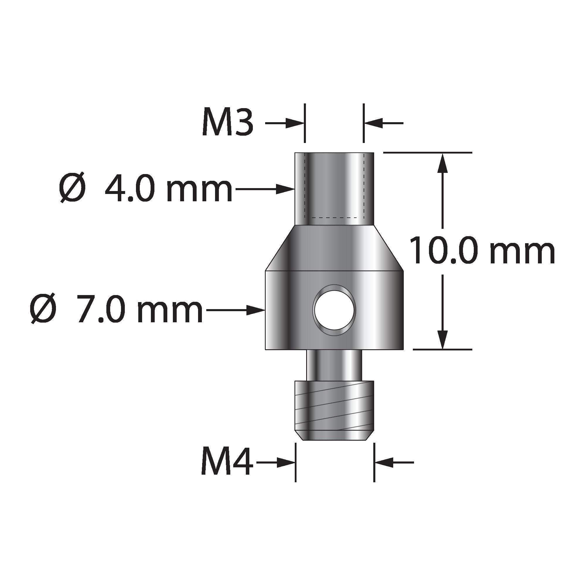 RM4-M3 thread adapter, M4 male to M3 female, stainless steel.