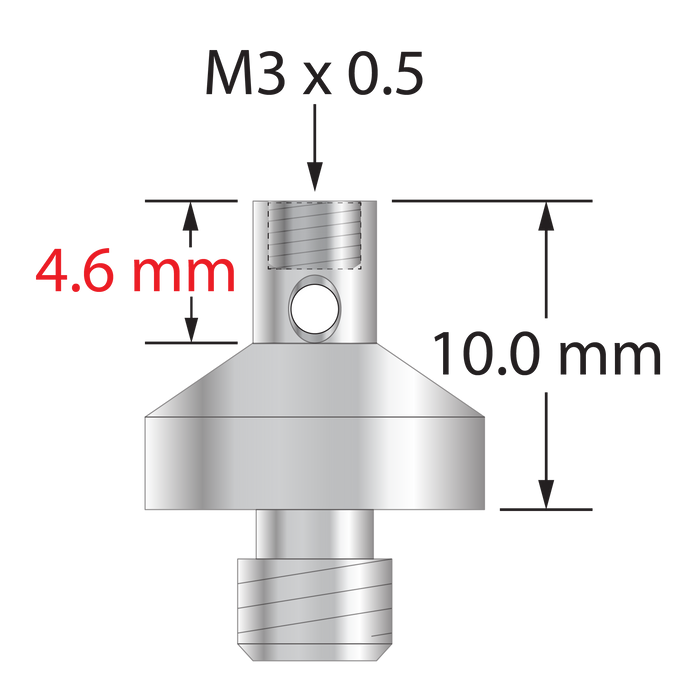 M5 to M3 thread adapter.  Stainless steel.   Major diameter is 11.0 mm, minor diameter is 4.0 mm.  Overall length is 10.0 mm.  Weight is 3.64 grams.  Compare to Zeiss 602030-0315-000 and Renishaw A-5555-0227.