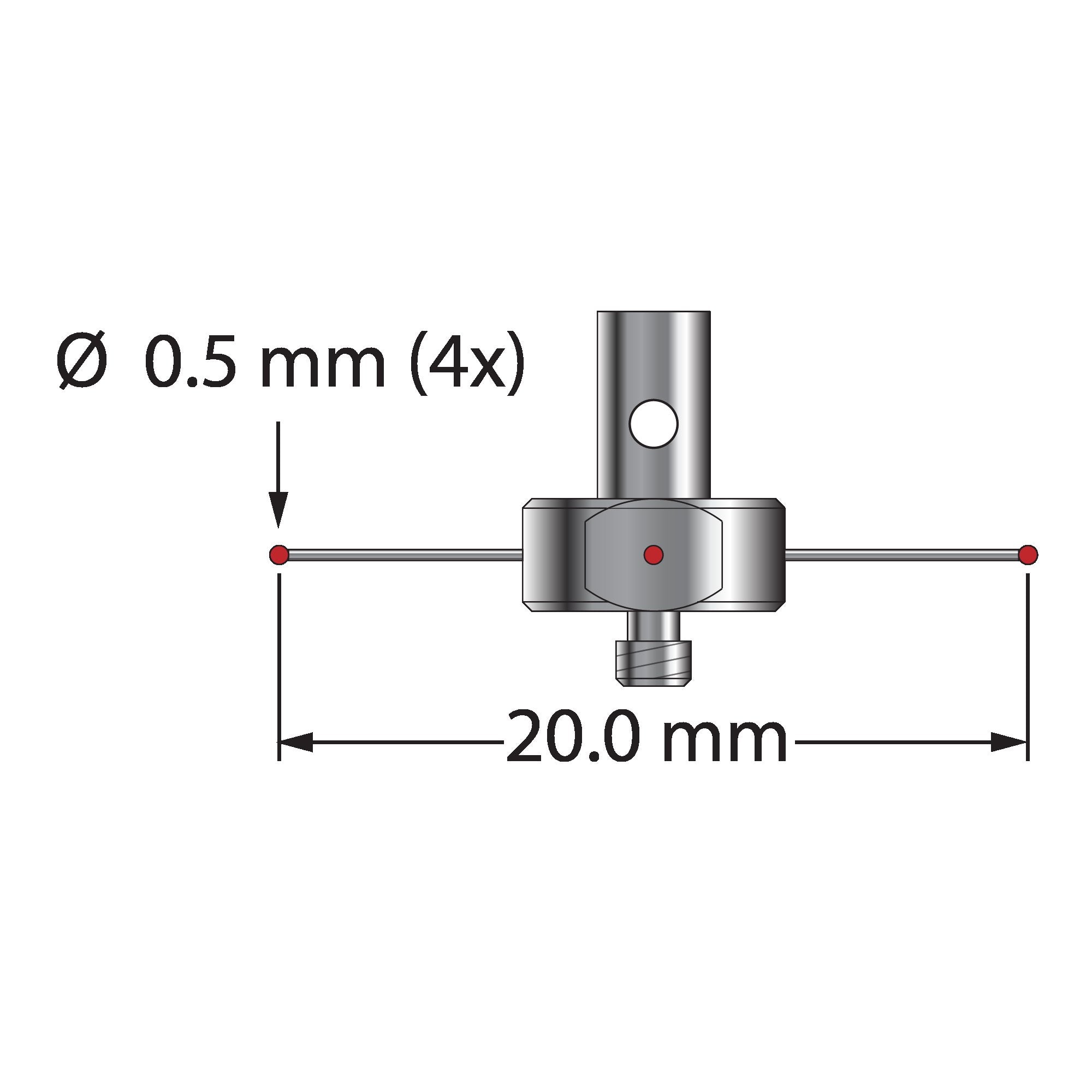 M2 star stylus with four 0.5 mm ruby balls, 0.3 mm diameter carbide stems, and stainless steel fittings. 20.0 mm between ball centers. Fully adjustable. Weight is 0.75 gram. Compare to Renishaw A-5003-4787.