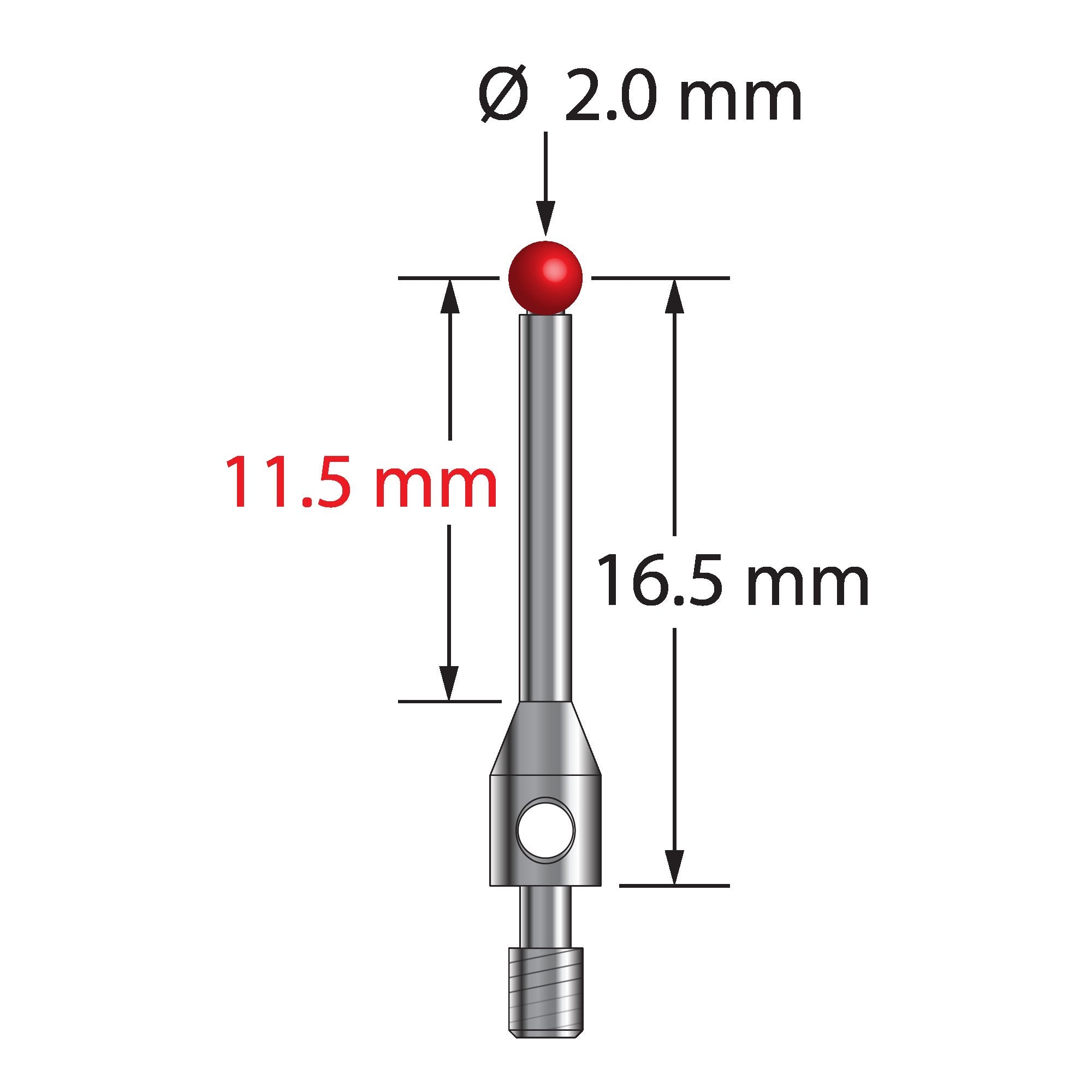 STR2C-2017.5 M2 ruby ball stylus, 2.0mm diameter, stainless steel stem, 16.5mm length by Q-Mark Manufacturing, Inc.
