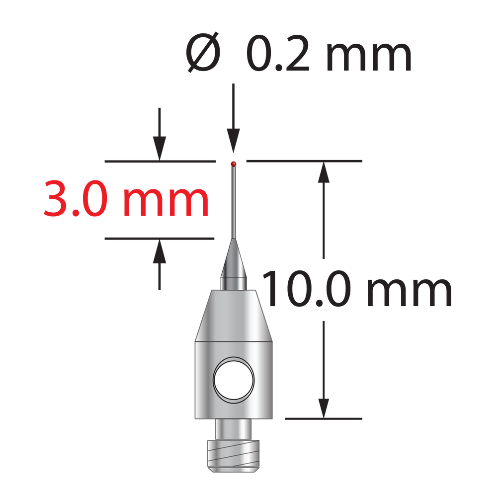 M2 stylus with 0.2 mm diameter ruby ball, tapered carbide stem, and 3.0 mm diameter x 5.0 mm long stainless steel base.  Minor stem diameter is 0.15 mm and major diameter is 1.0 mm.  Overall stylus length is 10.0 mm.  Stylus weight is 0.21 gram.