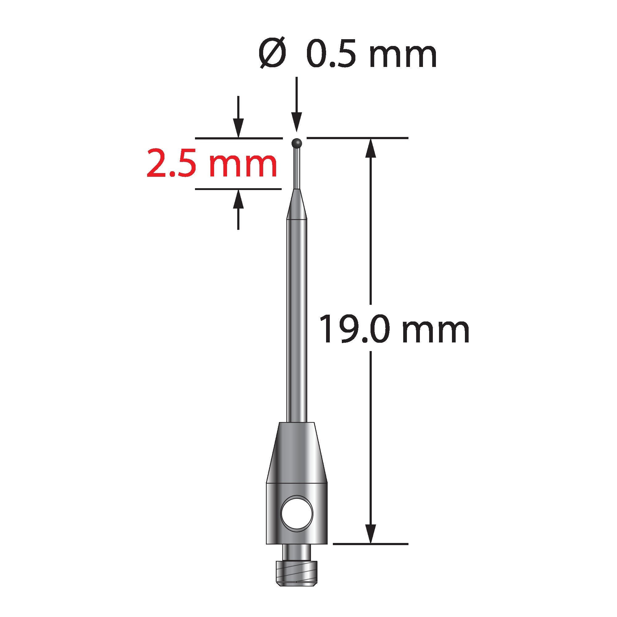 TM2-0519-SN M2 stylus with 0.5mm silicon nitride ball, tapered carbide stem, and stainless steel base, 19mm long.