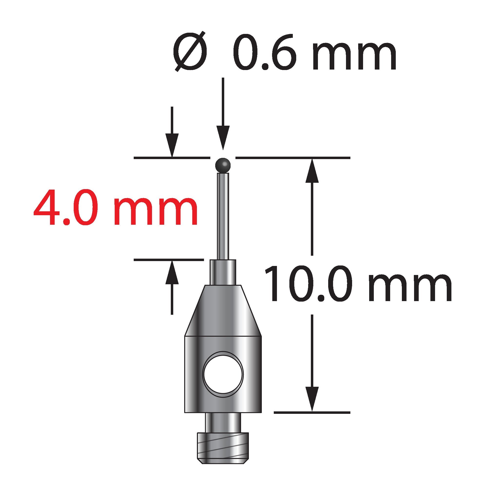 TM2-0610-SN stylus with 0.6mm silicon nitride ball, stepped carbide stem, and stainless steel base.