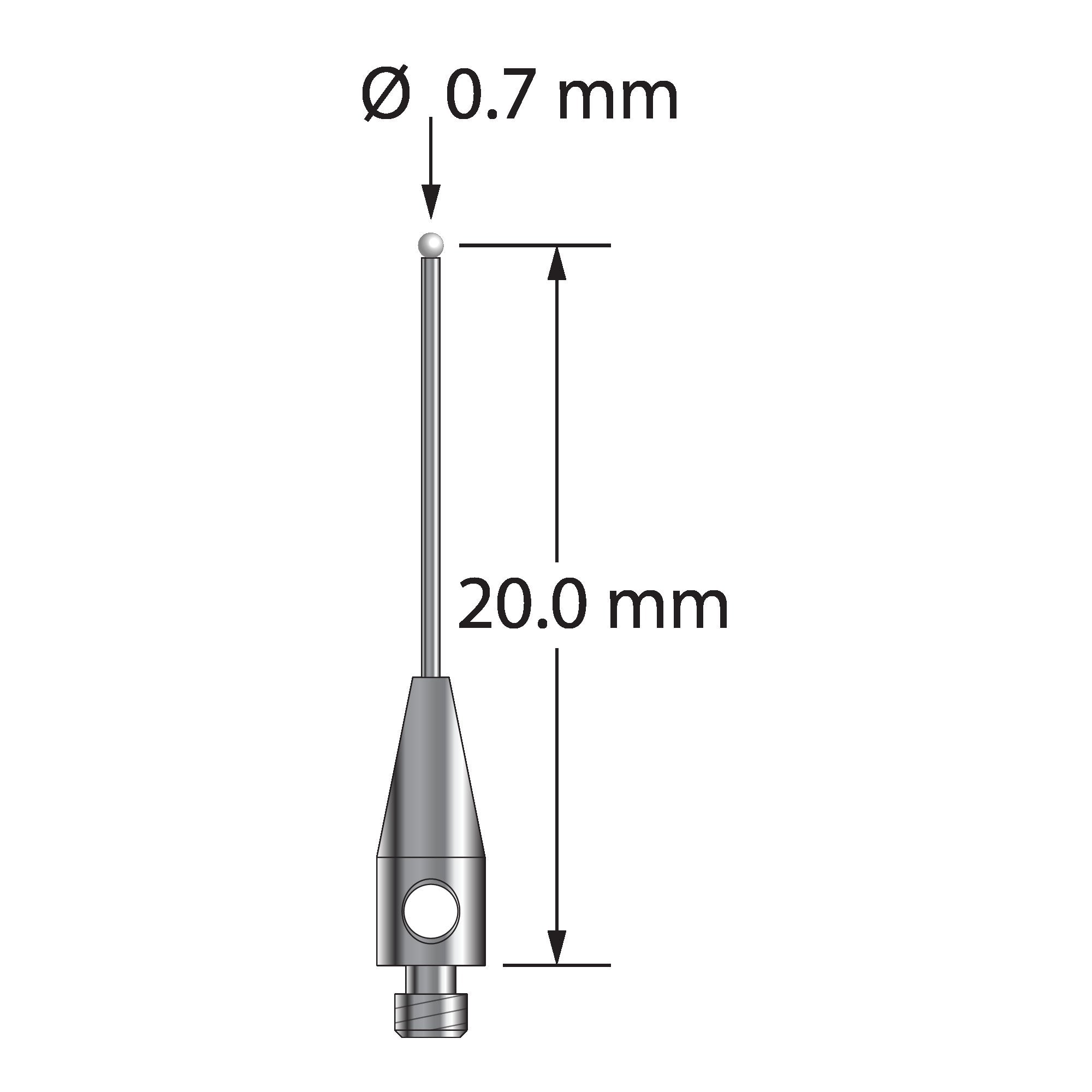 TM2-0720.35-Z M2 stylus with 0.7mm zirconia ball, carbide stem, and stainless steel base, 20mm long by Q-Mark Manufacturing, Inc.