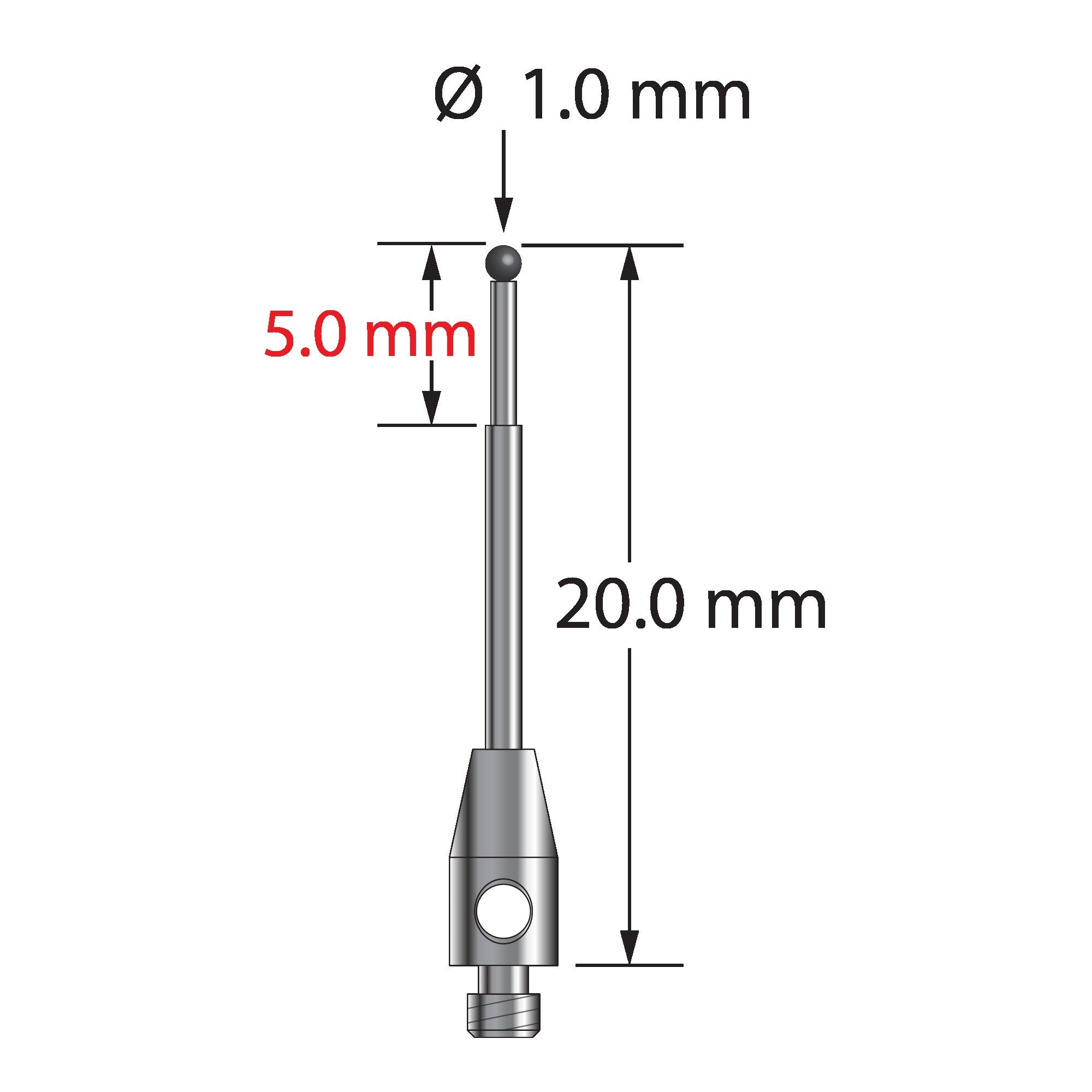 TM2-1020-06-SN M2 stylus with 1.0mm silicon nitride ball, stepped carbide stem, and stainless steel base.