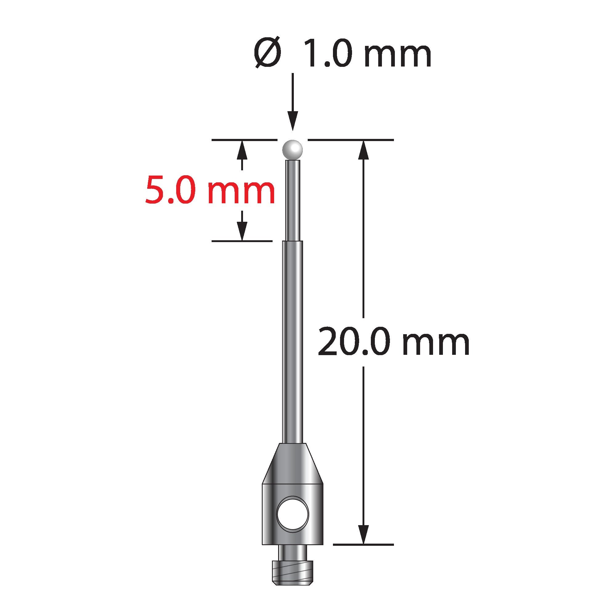 TM2-1020-Z M2 stylus with 1.0mm zirconia ball, carbide stem, and stainless steel base, 20.0mm long by Q-Mark Manufacturing, Inc.
