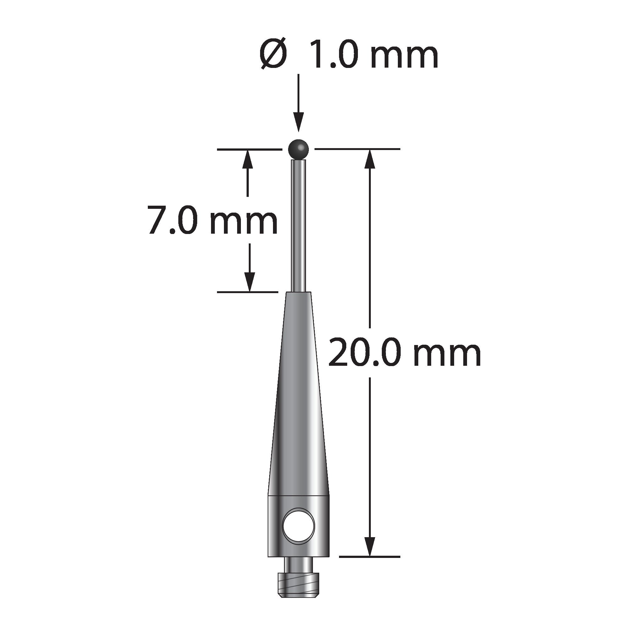 TM2-1020.5-07.5-SN M2 stylus with 1.0mm silicon nitride ball and carbide stem, 20.0mm long.