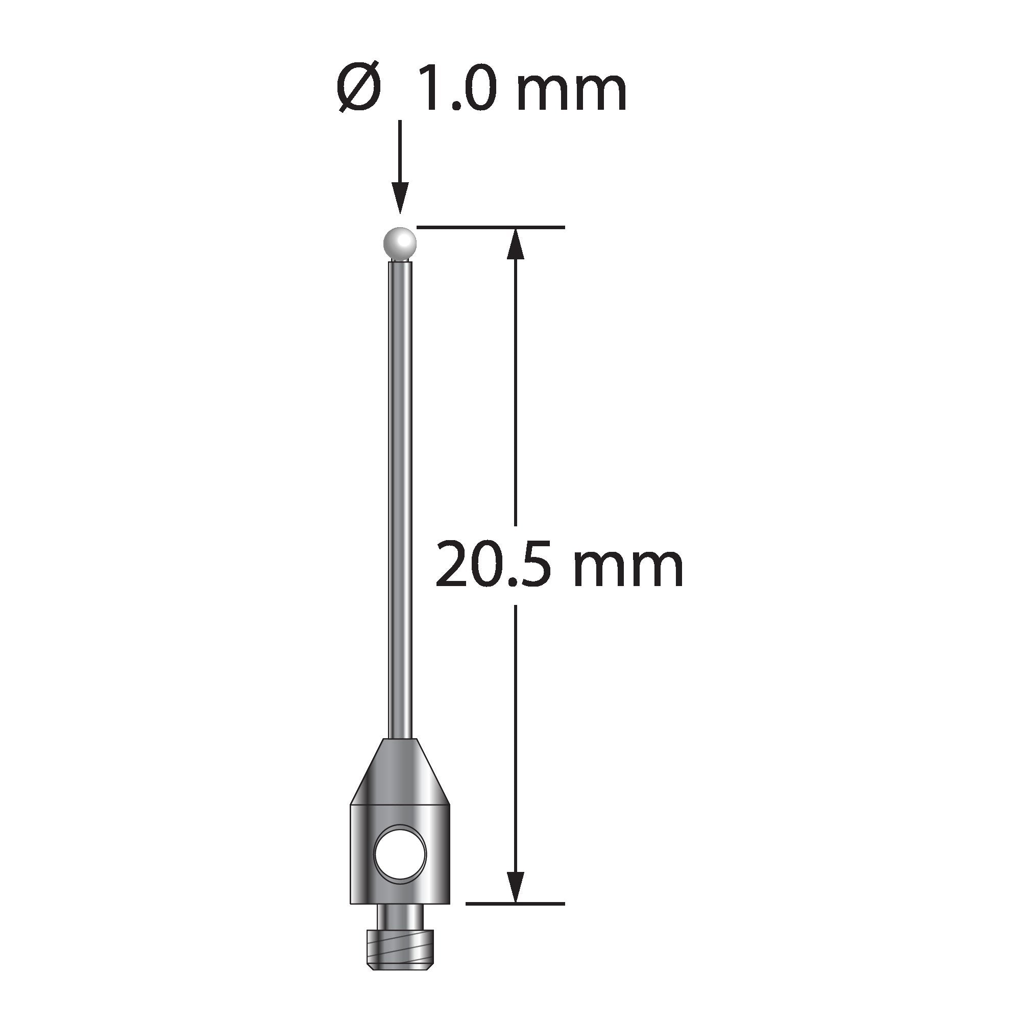TM2-1020.5-DS.7-Z M2 stylus with 1.0mm zirconia ball, carbide shaft, and stainless steel base.