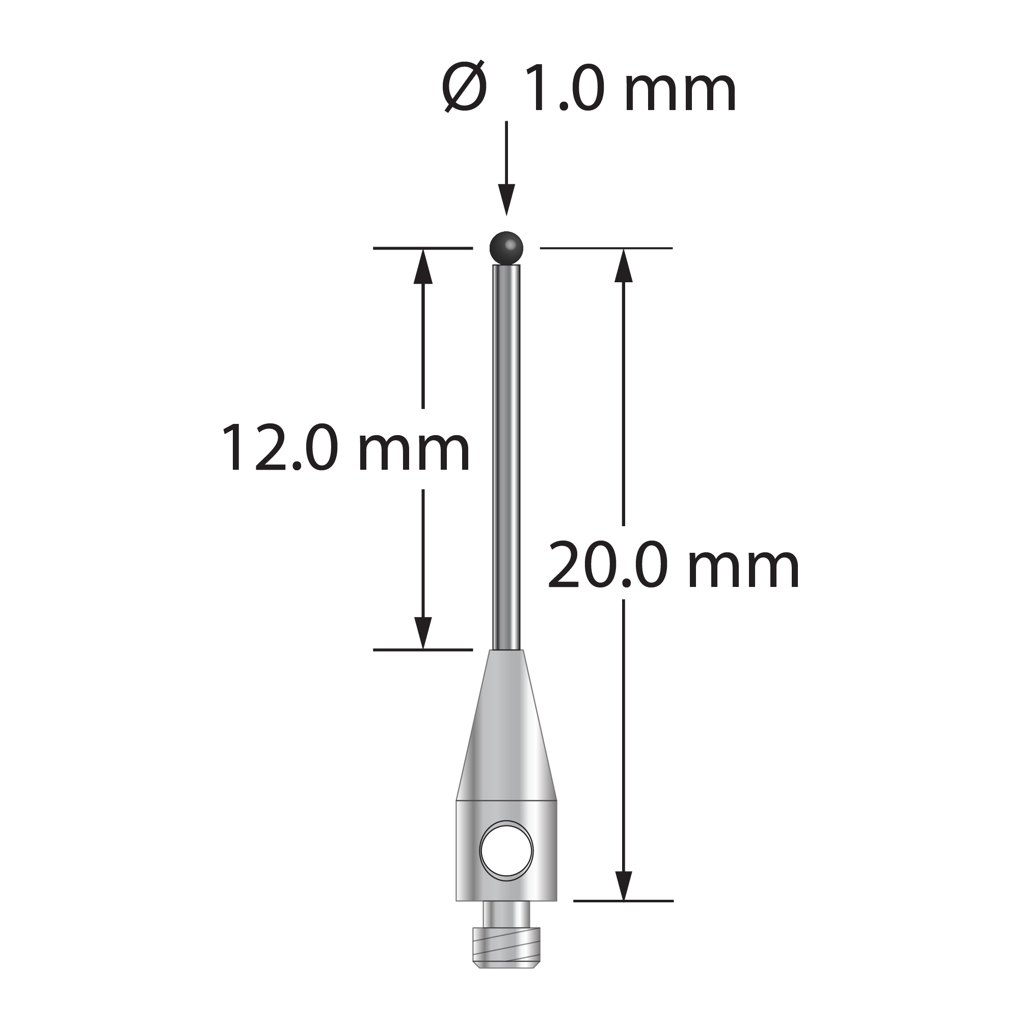 TM2-1020.5-DS.8-SN M2 stylus with 1.0mm silicon nitride ball, carbide stem, and stainless steel base.
