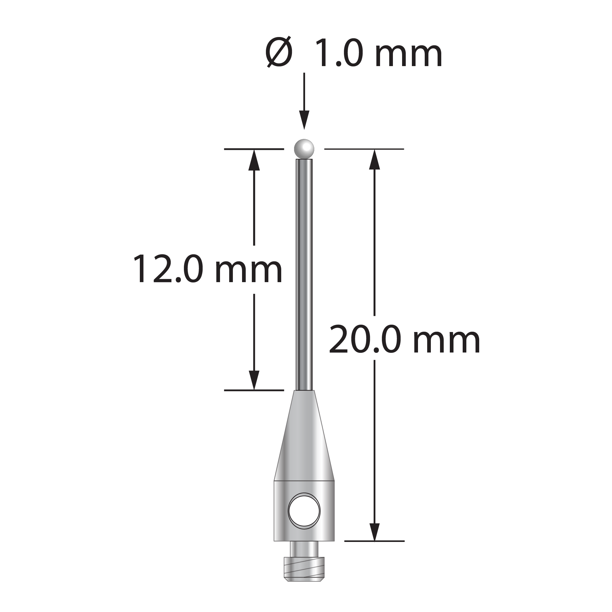 TM2-1020.5-DS.8-Z M2 stylus with 1.0mm zirconia ball, carbide stem, and stainless steel base.