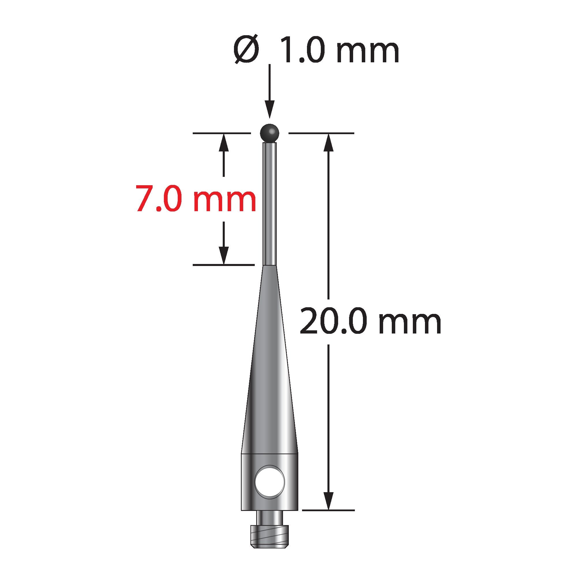 TM2-1020.5-S-SN M2 stylus, 1.0mm silicon nitride ball, stainless steel stem, 20mm length.