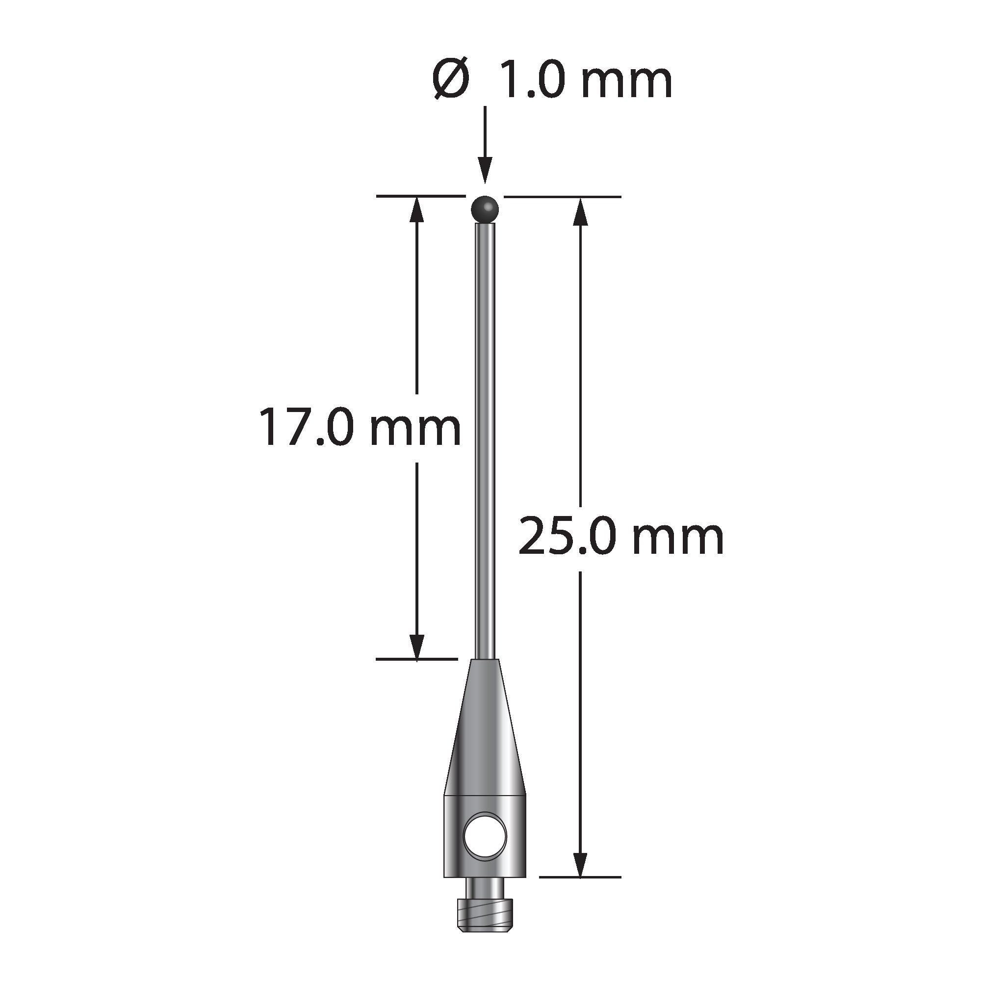 TM2-1025-DS.7-SN M2 stylus with 1.0mm silicon nitride ball, carbide shaft, and stainless steel base, 25.0mm long by Q-Mark Manufacturing, Inc.