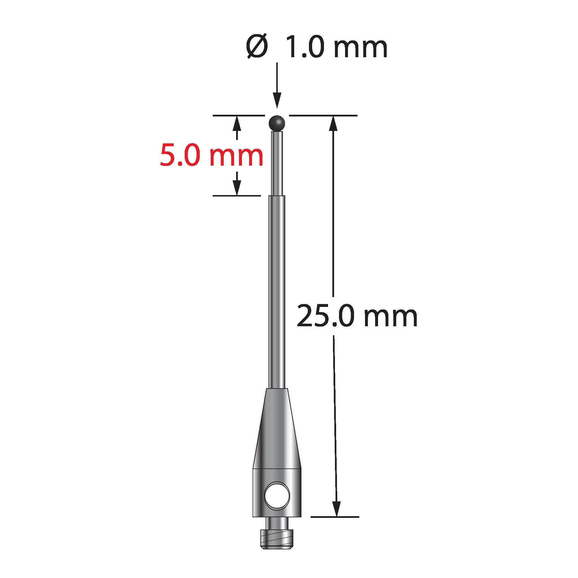 TM2-1025-SN 1.0mm silicon nitride ball stylus with stepped carbide stem and stainless steel base, 25mm long.