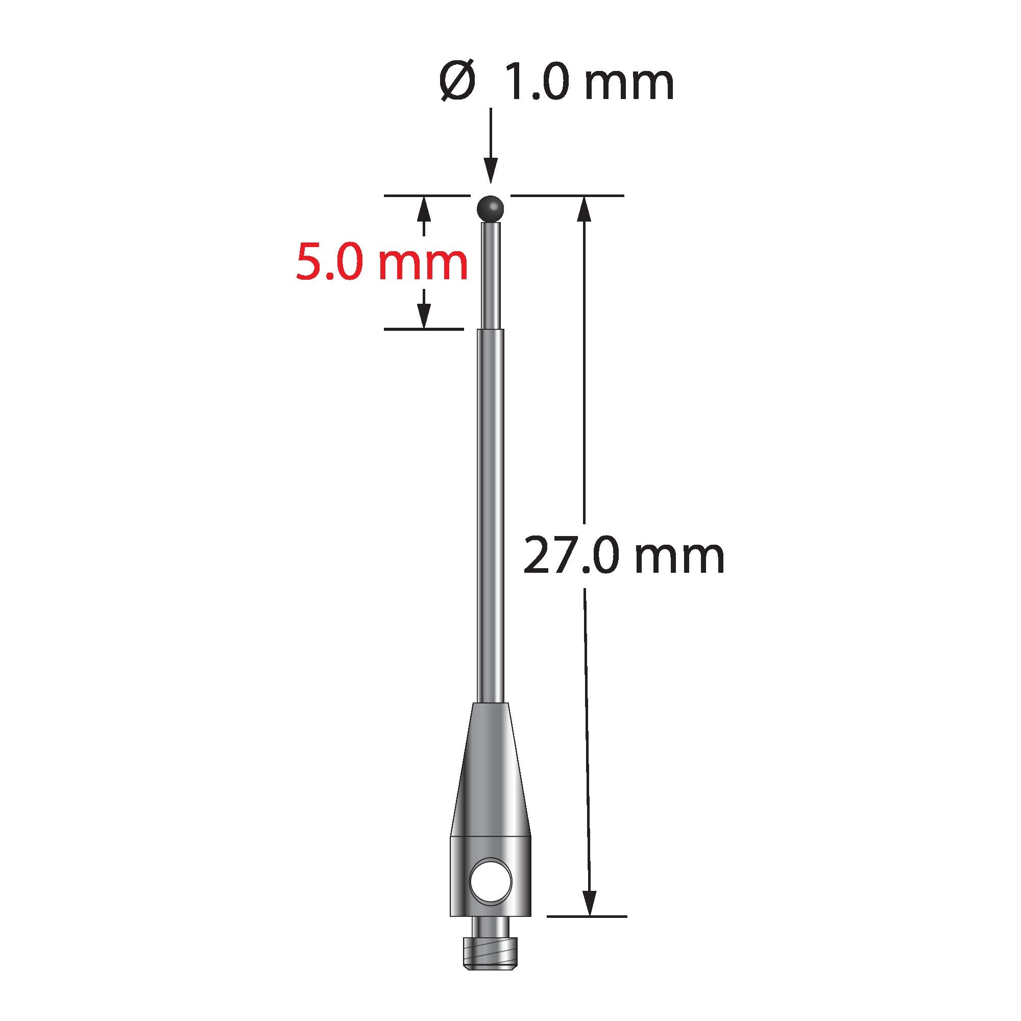 TM2-1027-SN M2 stylus with 1.0mm silicon nitride ball, stepped carbide stem, and stainless steel base.