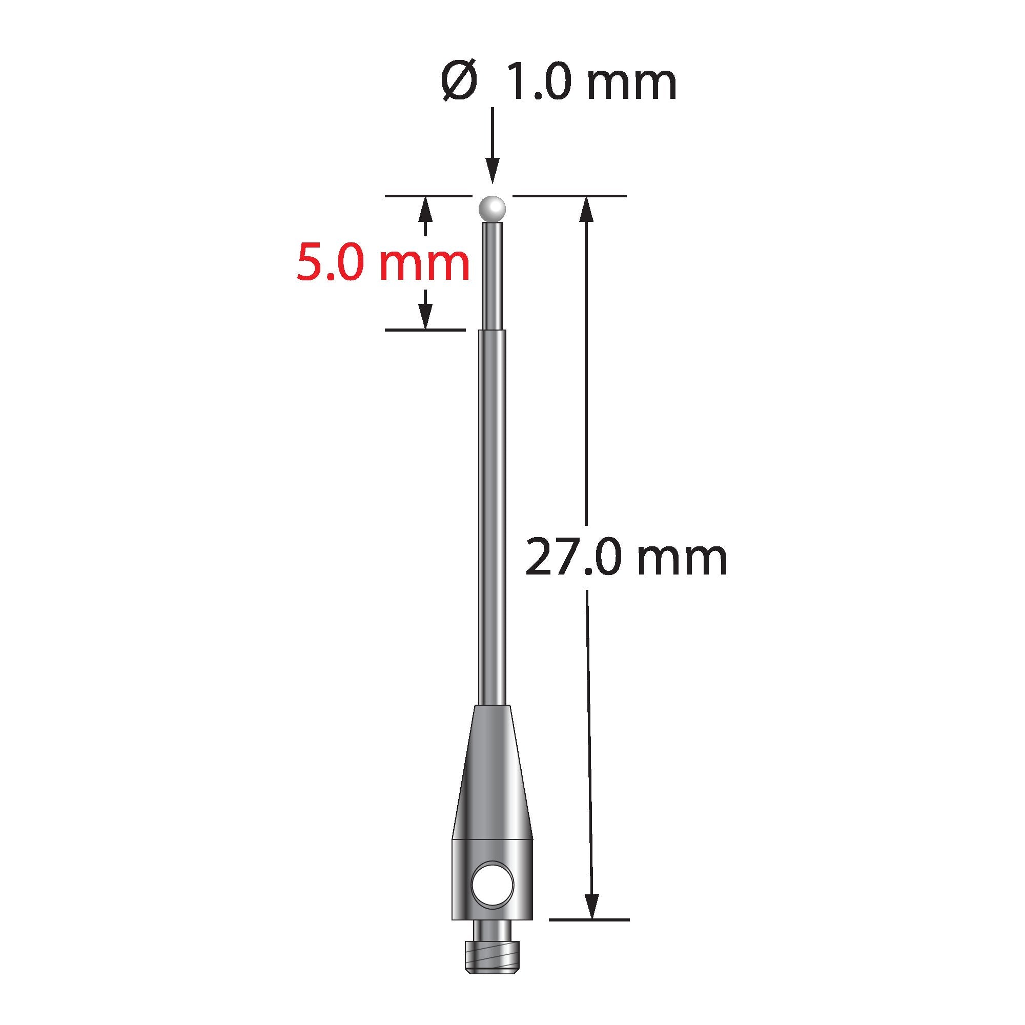 TM2-1027-Z M2 stylus with 1.0mm zirconia ball, carbide stem, and stainless steel base, 27.0mm long.