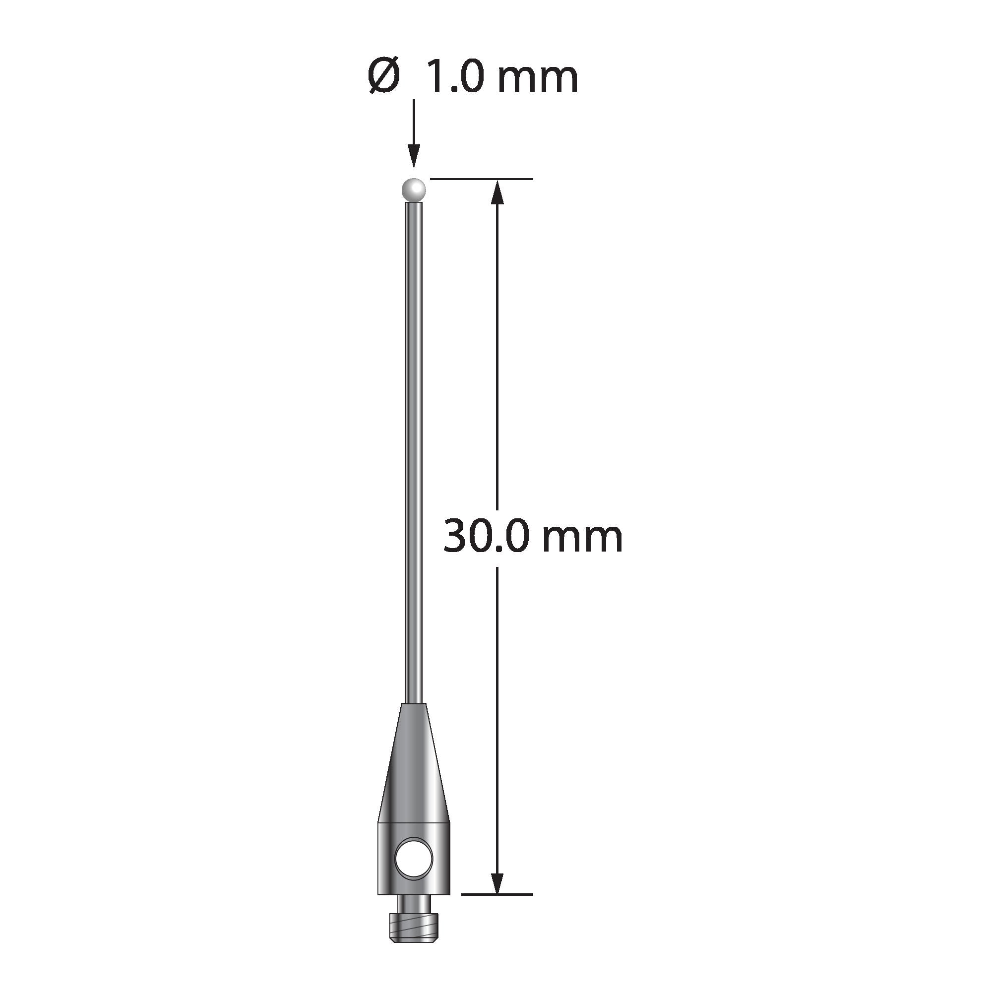 TM2-1030-DS.7-Z M2 stylus with 1.0mm zirconia ball, carbide stem, stainless steel base, 30mm long by Q-Mark Manufacturing, Inc.