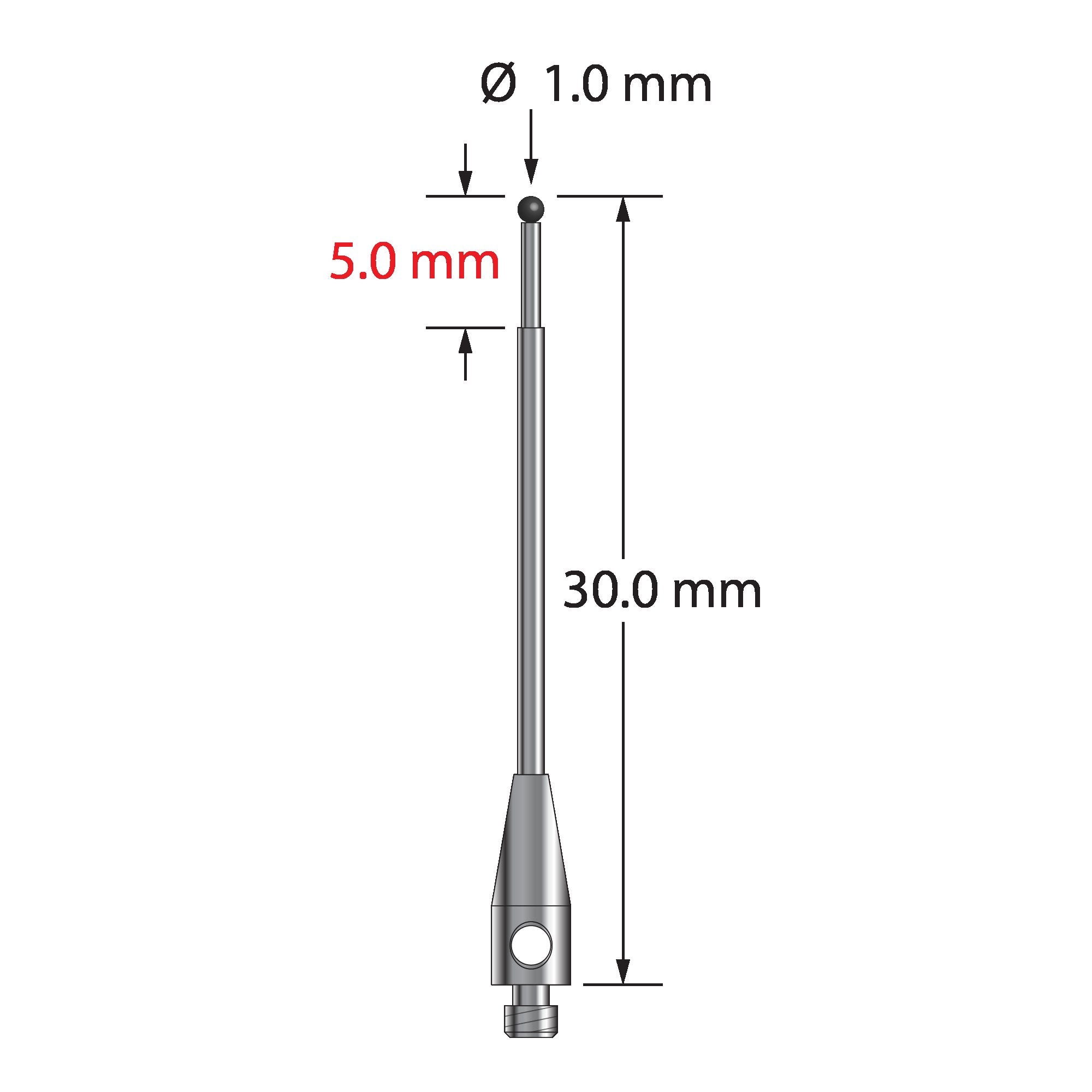 TM2-1030-SN stylus with 1.0mm silicon nitride ball, carbide stem, and stainless steel base, 30.0mm long.
