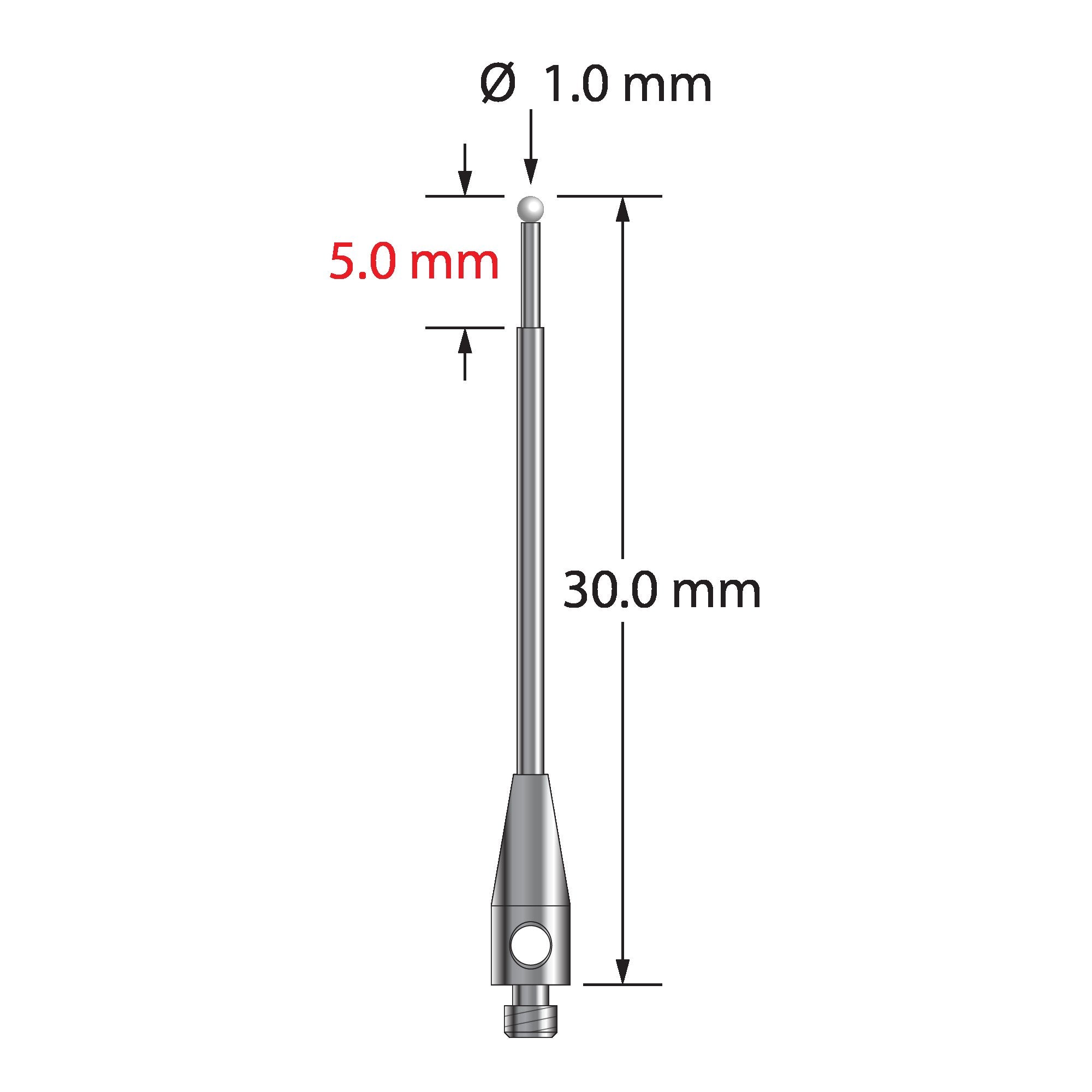 TM2-1030-Z M2 stylus, 1.0mm zirconia ball, carbide stem, stainless steel base, 30mm long.
