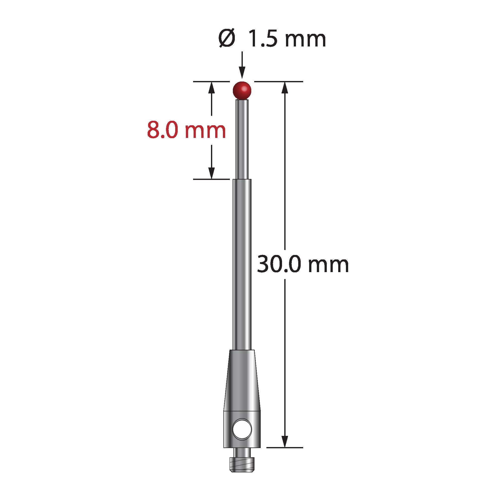 TM2-1530 M2 stylus, 1.5mm ruby ball, stepped carbide stem, stainless steel base, 30mm long.