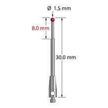 TM2-1530 M2 stylus, 1.5mm ruby ball, stepped carbide stem, stainless steel base, 30mm long.