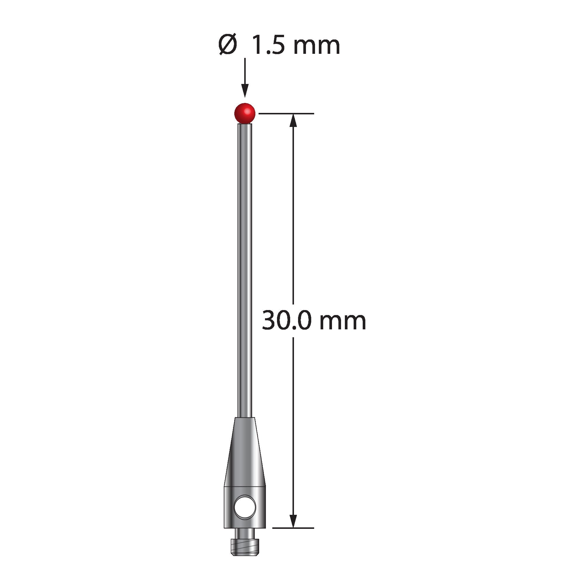 TM2-1530.75-DS1 M2 stylus with 1.5mm ruby ball, carbide stem, and stainless steel base, 30mm long.