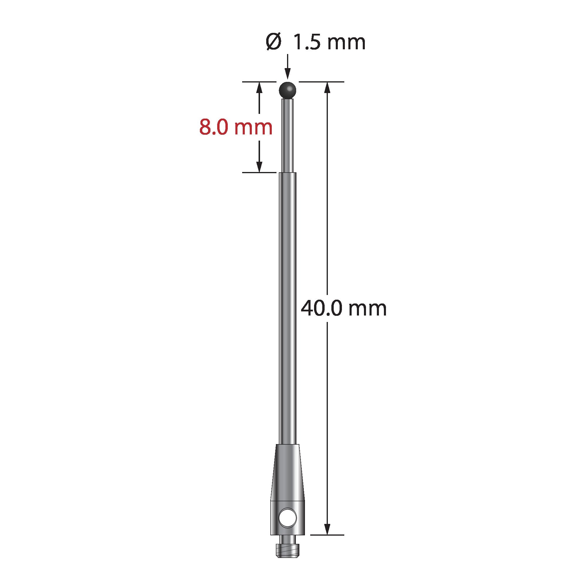TM2-1540-SN stylus with 1.5mm silicon nitride ball, stepped carbide stem, and stainless steel base, 40mm long.