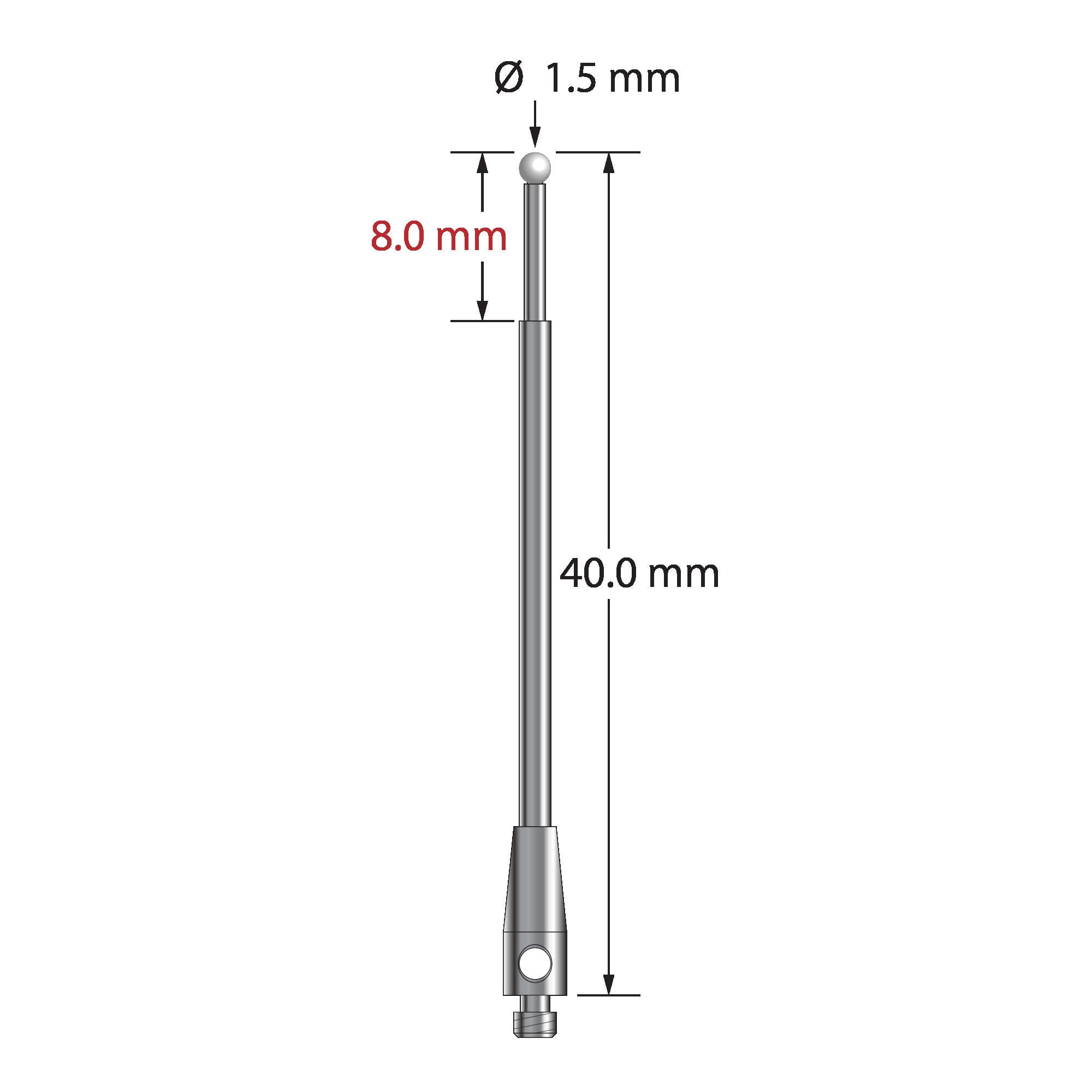 TM2-1540-Z M2 stylus with 1.5mm zirconia ball, carbide stem, and stainless steel base, 40mm long.