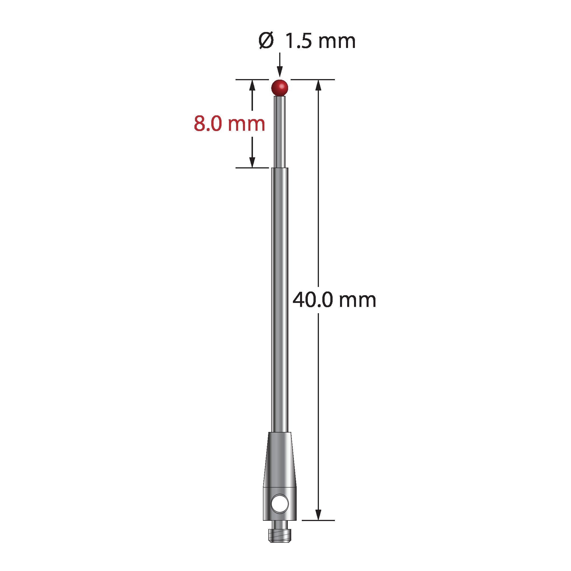 TM2-1540 M2 stylus, 1.5mm ruby ball, stepped carbide stem, stainless steel base, 40mm long.