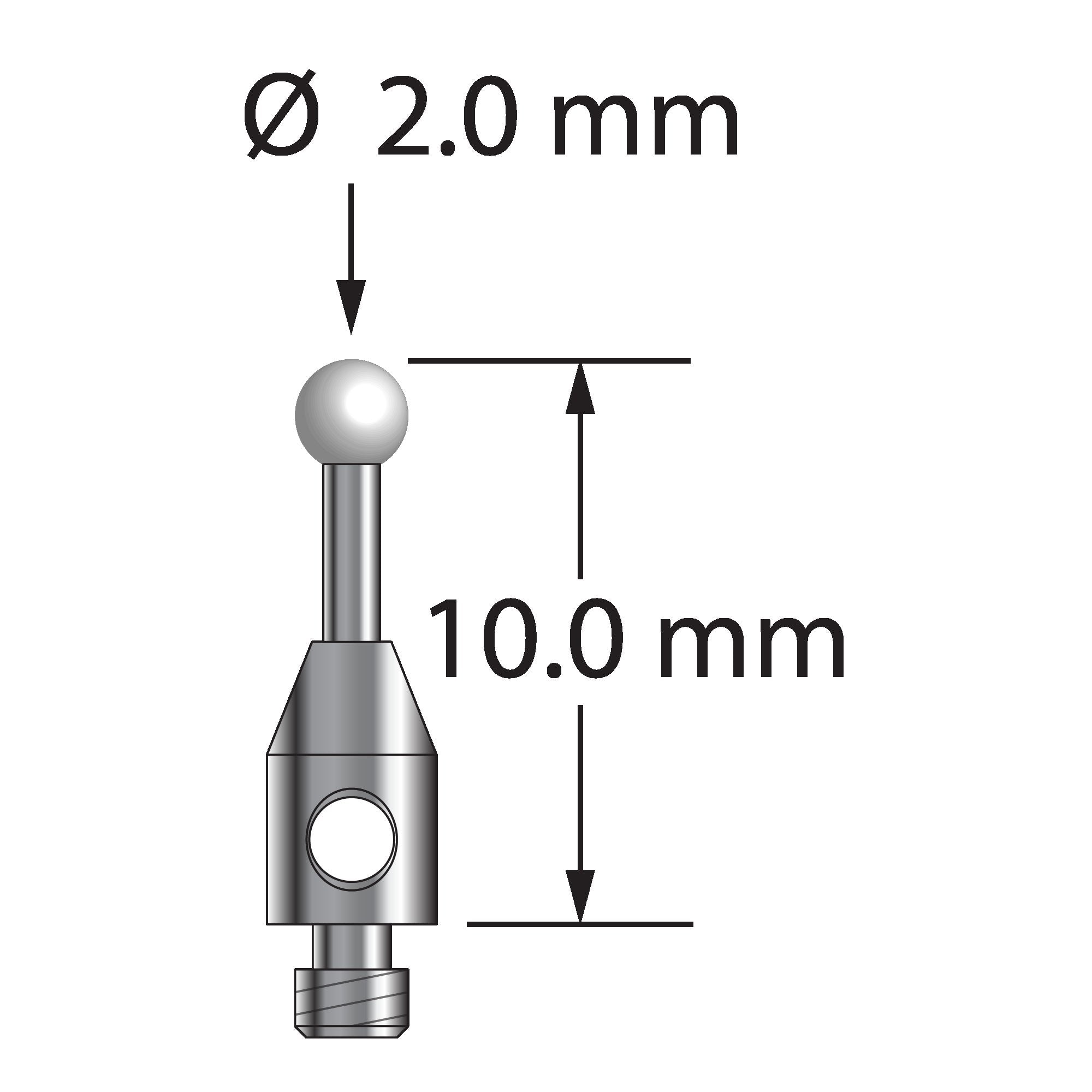 TM2-2010-Z M2 stylus with 2.0mm zirconia ball, carbide stem, and stainless steel base, 10.0mm long by Q-Mark Manufacturing, Inc.
