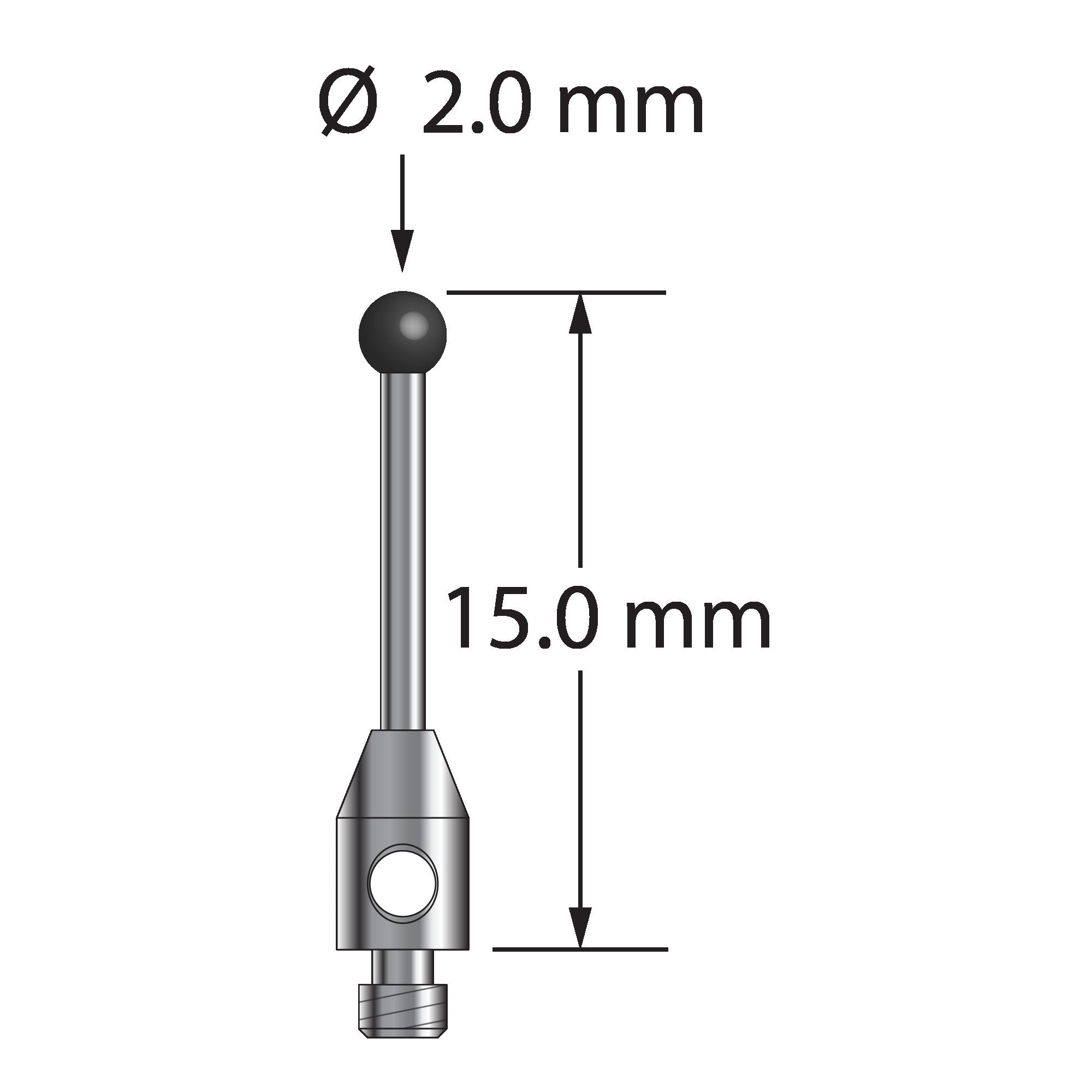 TM2-2015-SN M2 stylus with 2.0mm silicon nitride ball, carbide stem, and stainless steel base.