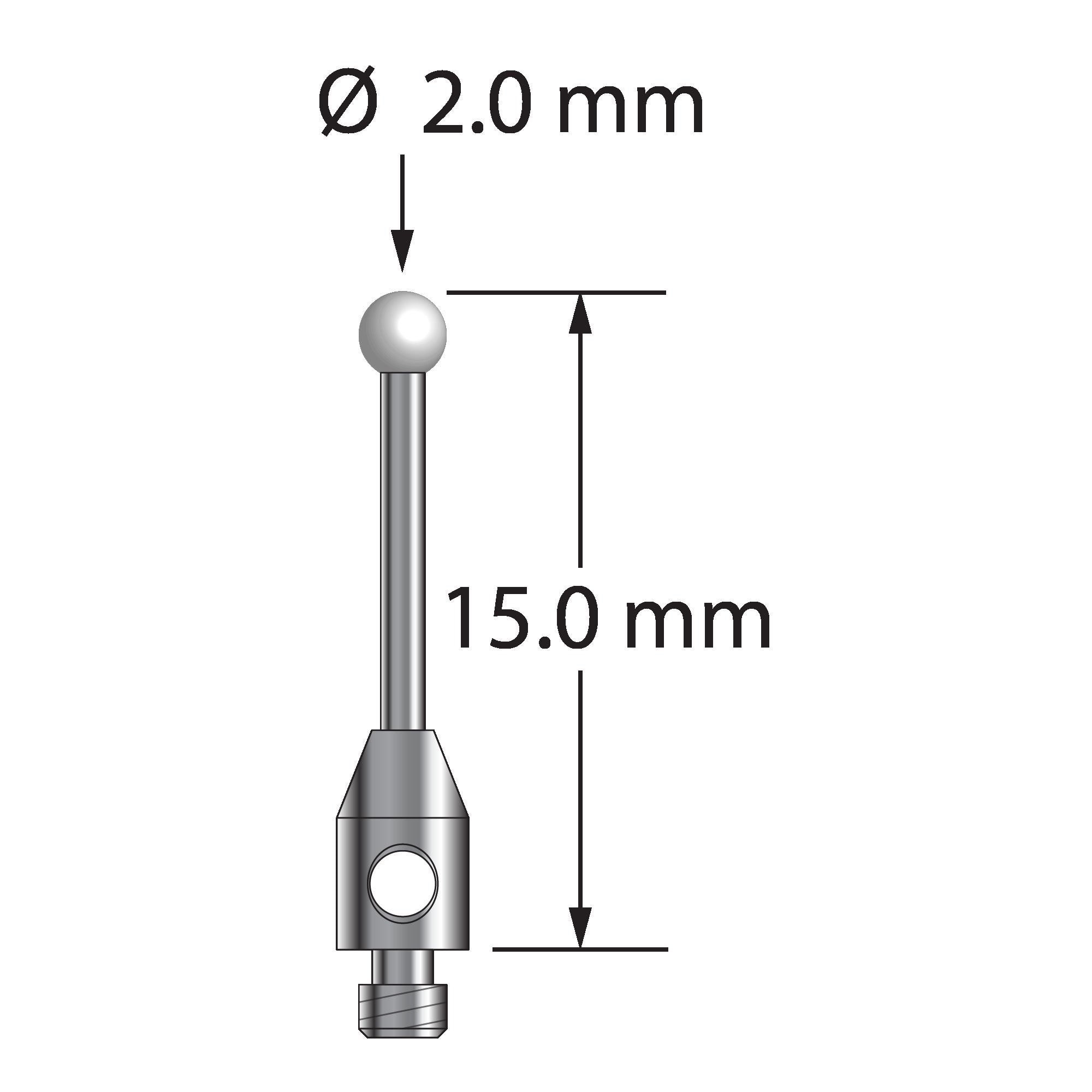 TM2-2015-Z M2 stylus with 2.0mm zirconia ball, carbide stem, and stainless steel base, 15.0mm long by Q-Mark Manufacturing, Inc.