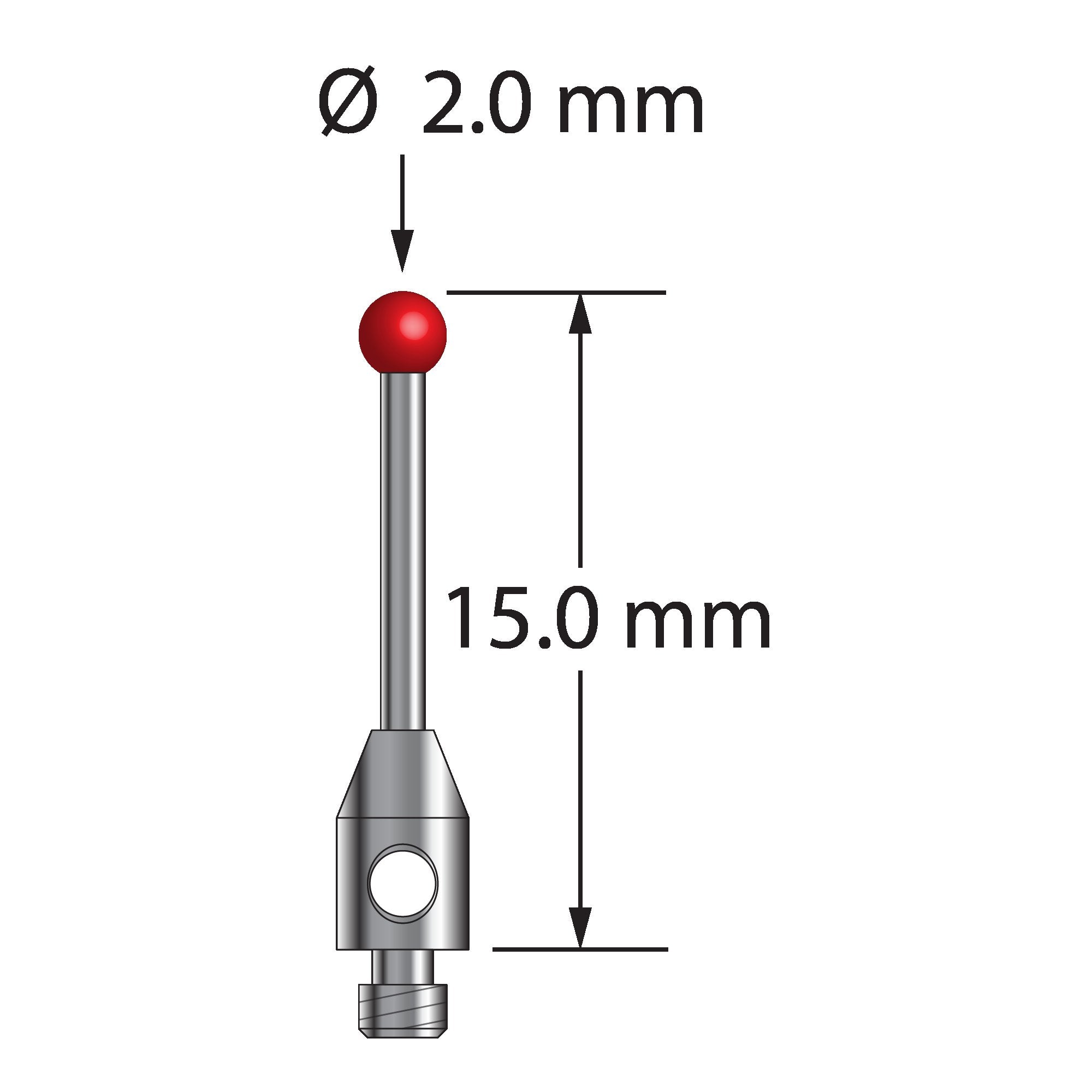 TM2-2015 M2 stylus with 2.0mm ruby ball, carbide stem, and stainless steel base, 15.0mm long by Q-Mark Manufacturing, Inc.