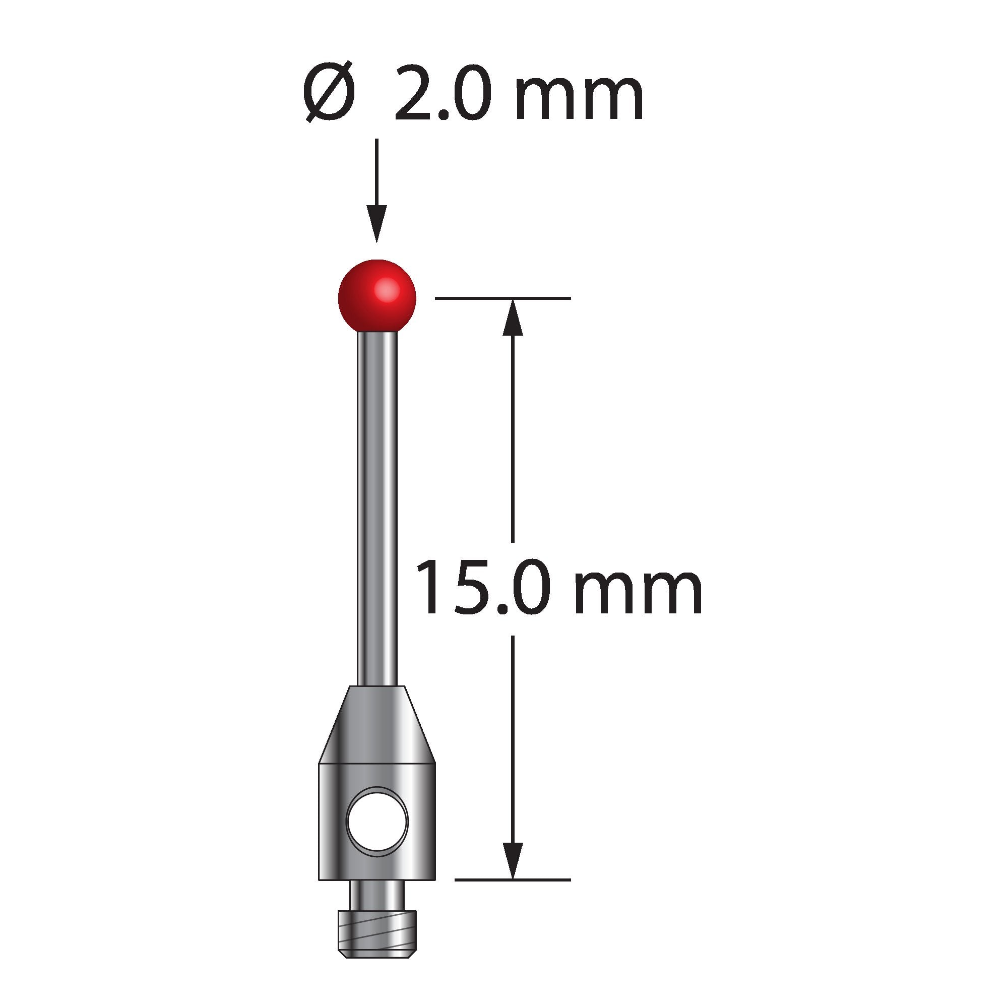 TM2-2016 M2 stylus with 2.0mm ruby ball, carbide shaft, and stainless steel base.
