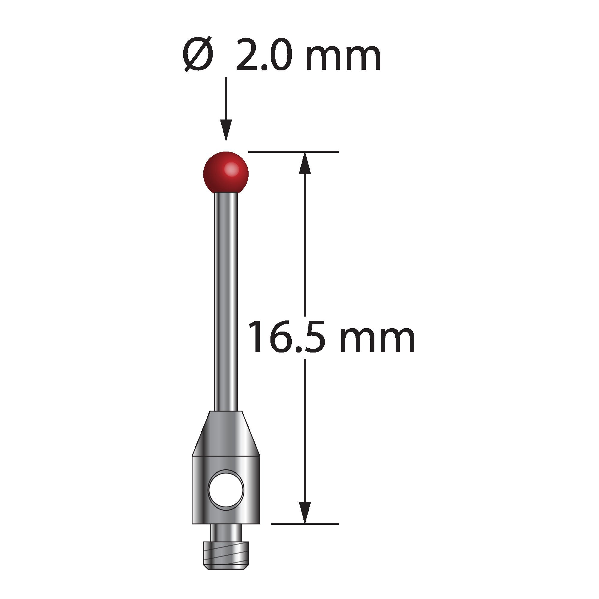TM2-2016.5 M2 stylus with 2.0mm ruby ball, carbide stem, and stainless steel base, 16.5mm long by Q-Mark Manufacturing, Inc.