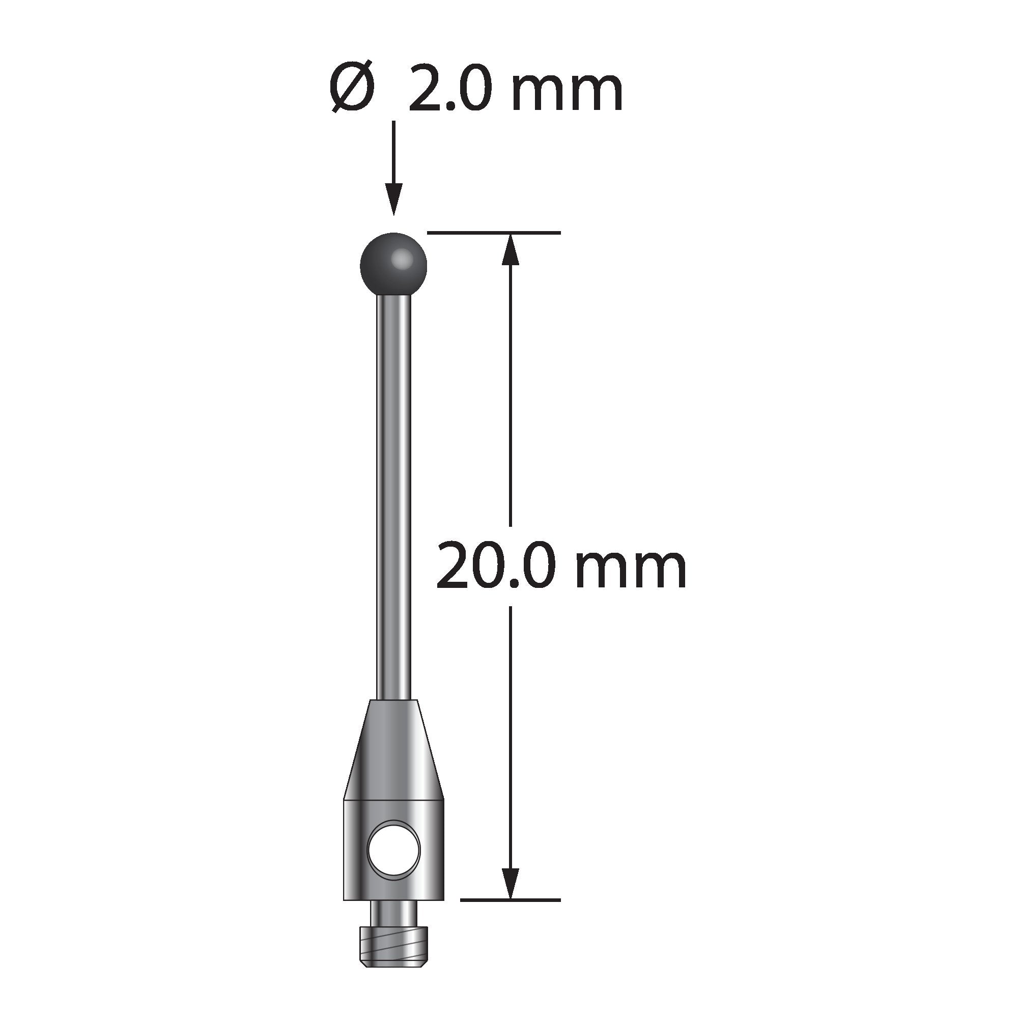 TM2-2020-06-SN M2 stylus with 2.0mm silicon nitride ball and stainless steel base, 20.0mm long by Q-Mark Manufacturing, Inc.