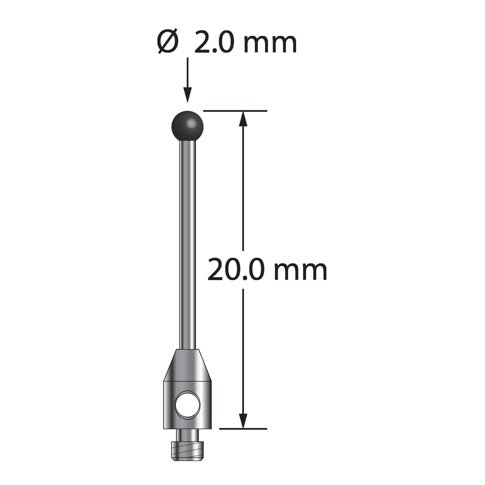 TM2-2020-SN M2 stylus with 2.0mm silicon nitride ball, carbide stem, and stainless steel base, 20.0mm long.
