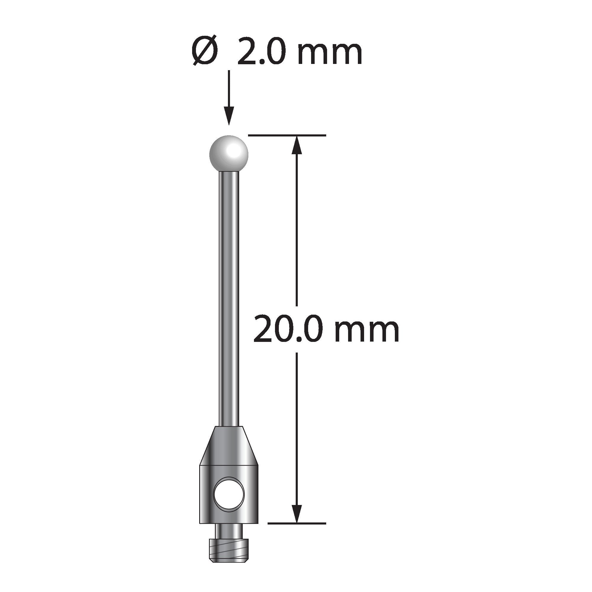 TM2-2020-Z M2 stylus with 2.0mm zirconia ball, carbide stem, and stainless steel base, 20.0mm long.